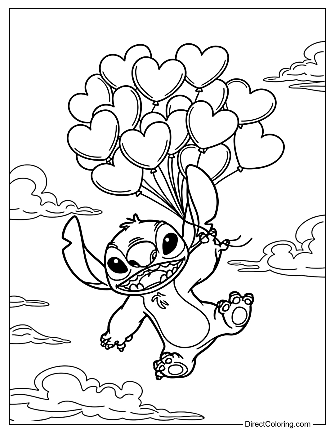 Stitch coloring page flying up with a bunch of heart-shaped balloons, his ears fluttering in the wind.