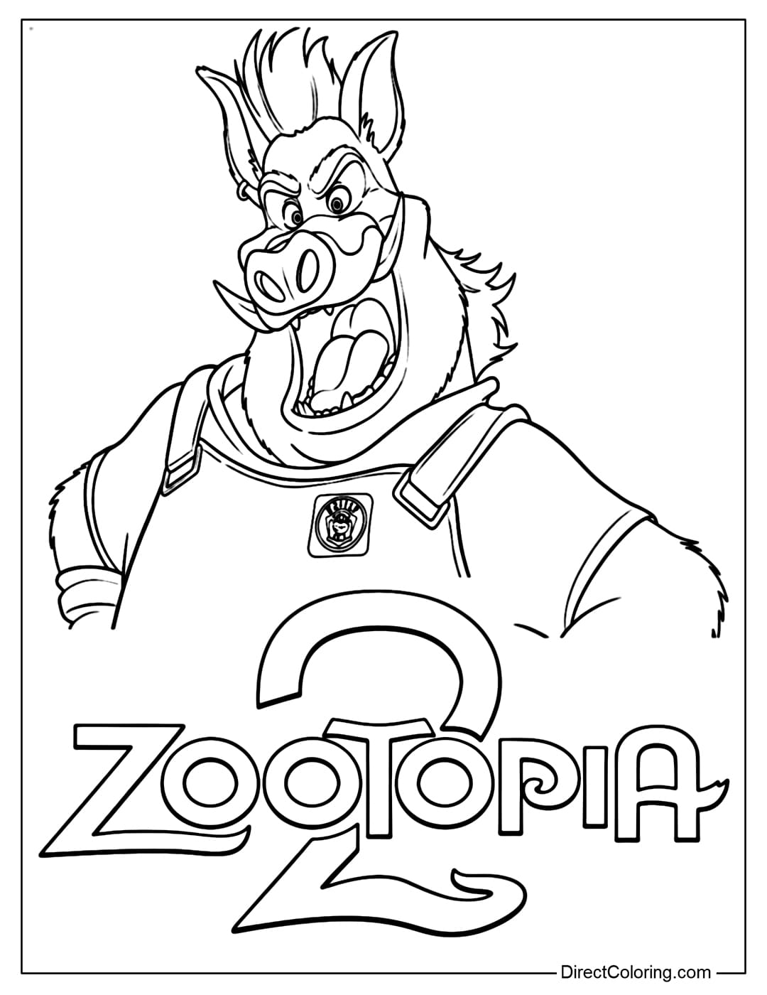 A coloring page of Captain Hoggbottom with a fierce expression, a wide-open mouth full of energy.