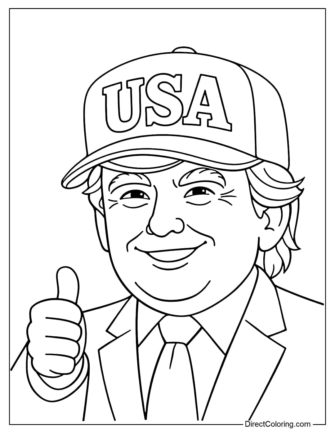 A coloring page of Donald Trump wearing a simple hat with the word 