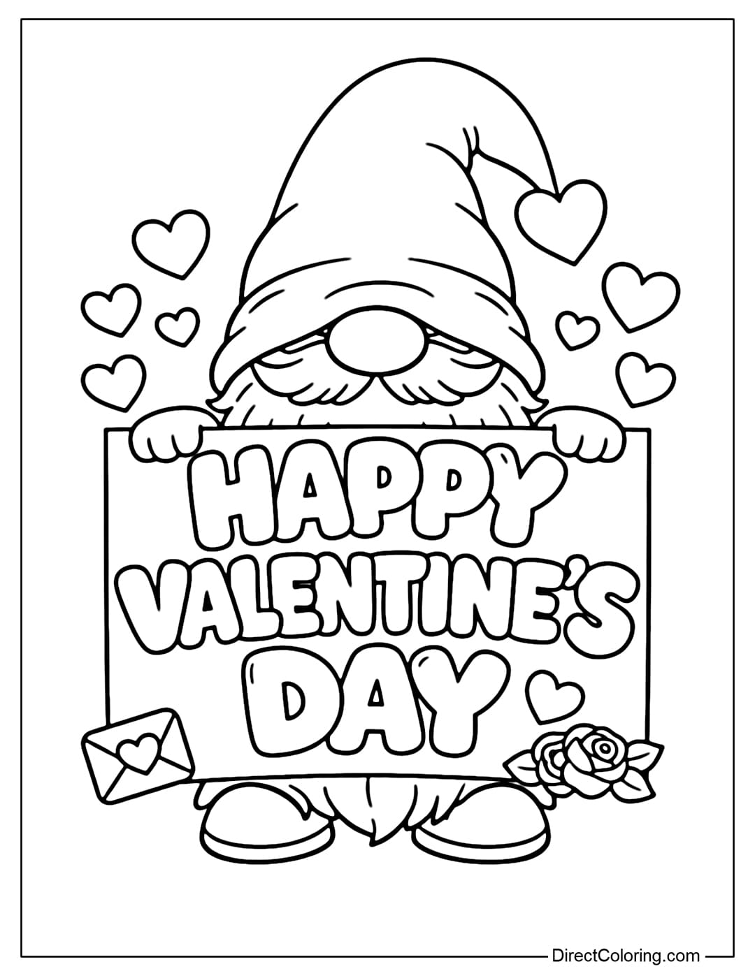 A coloring page featuring a gnome holding a sign that says 