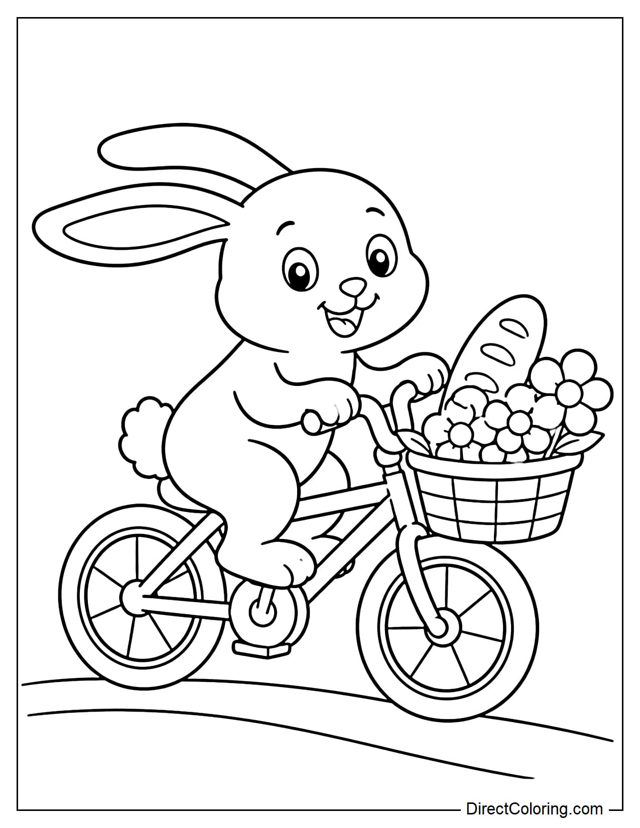 A rabbit rides a small bicycle with a front basket holding a loaf of bread and a few large flowers.