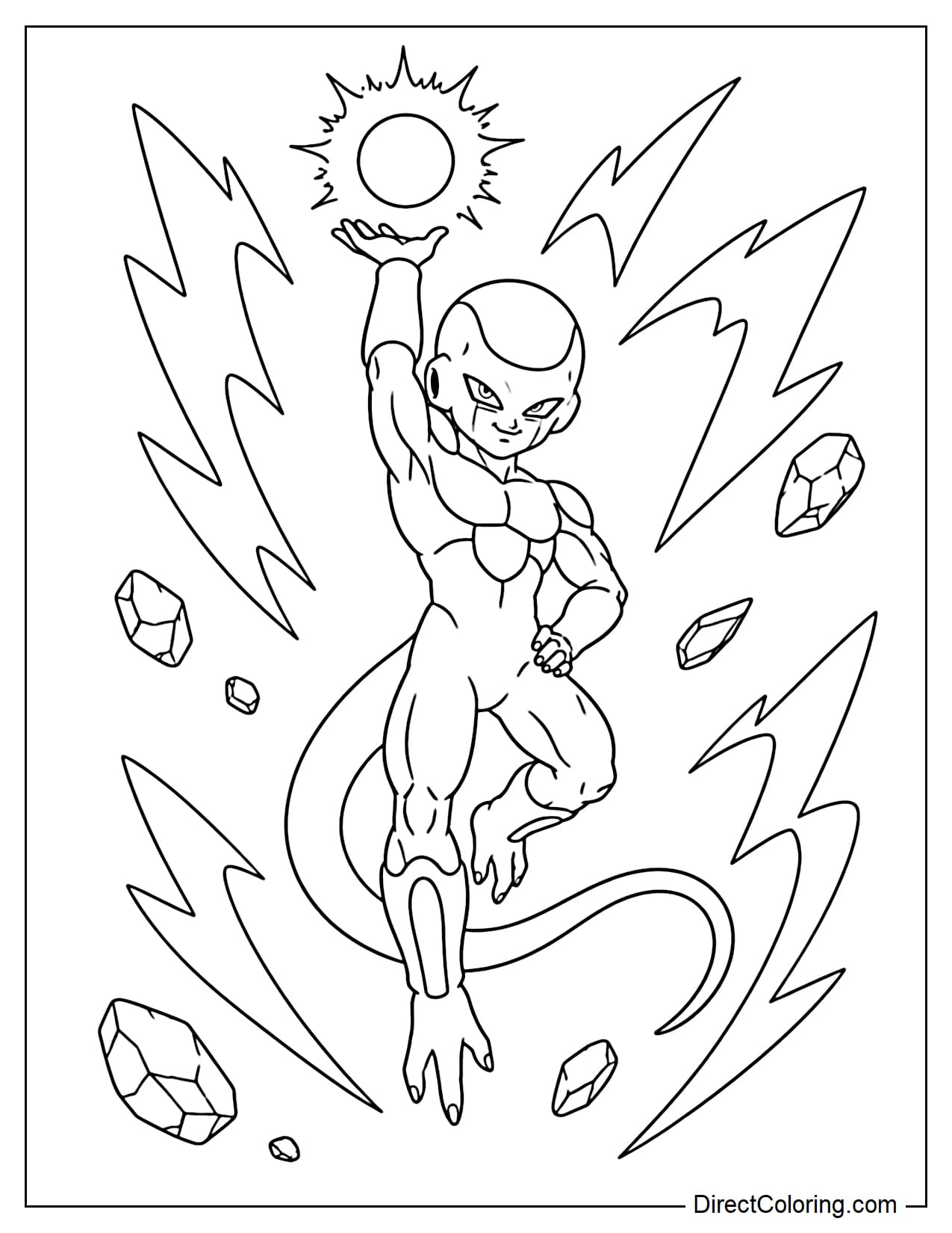 Frieza in his final form is hovering in the air with one hand raised creating a small energy sphere, the other hand near his hip, both legs slightly bent in a flying pose, surrounded by large beams of light and flying rocks.