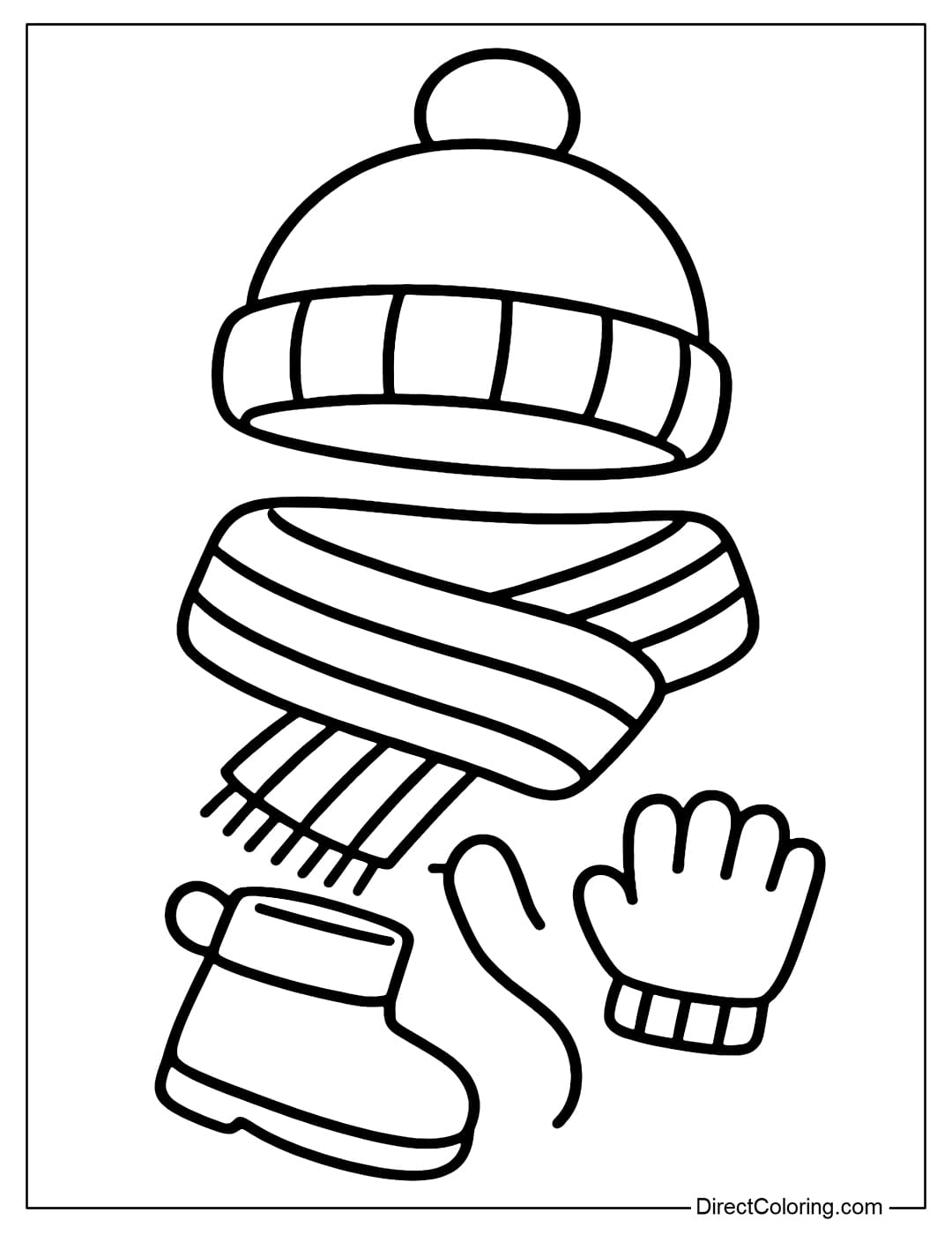 Knitted Style Coloring Page A color page for autumn wool set: beanie, simple ribbed scarf, short wool gloves.