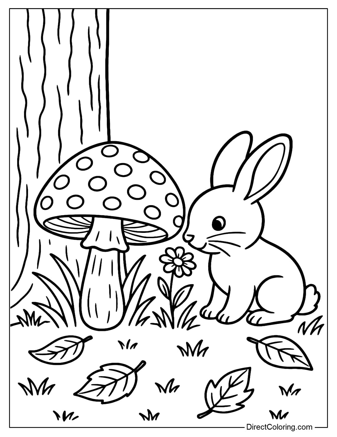 Forest Mushroom and Rabbit Coloring Page Coloring page of a red mushroom with white dots growing under a tree, next to it is a little rabbit smelling wildflowers