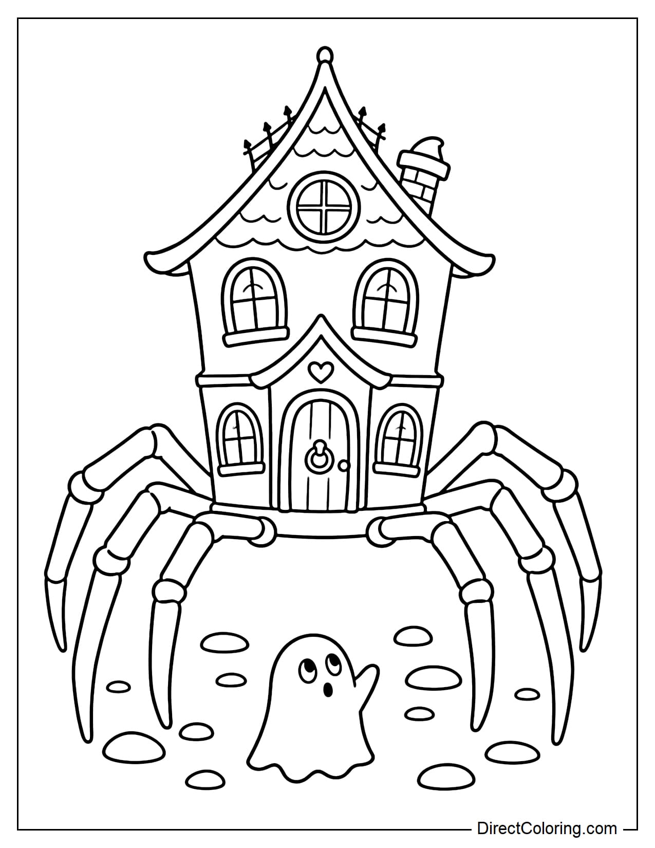 A haunted house stands on eight giant spider legs, with pointed roofs, curved windows, and a large front door. A few rocks and a small ghost appear underneath the house.