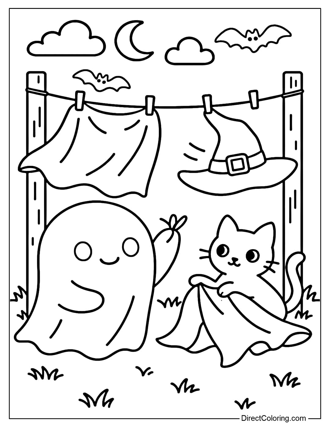 Coloring page of the magical laundry yard, where ghosts hang towels floating in the wind, cats play with fluttering witch robes.