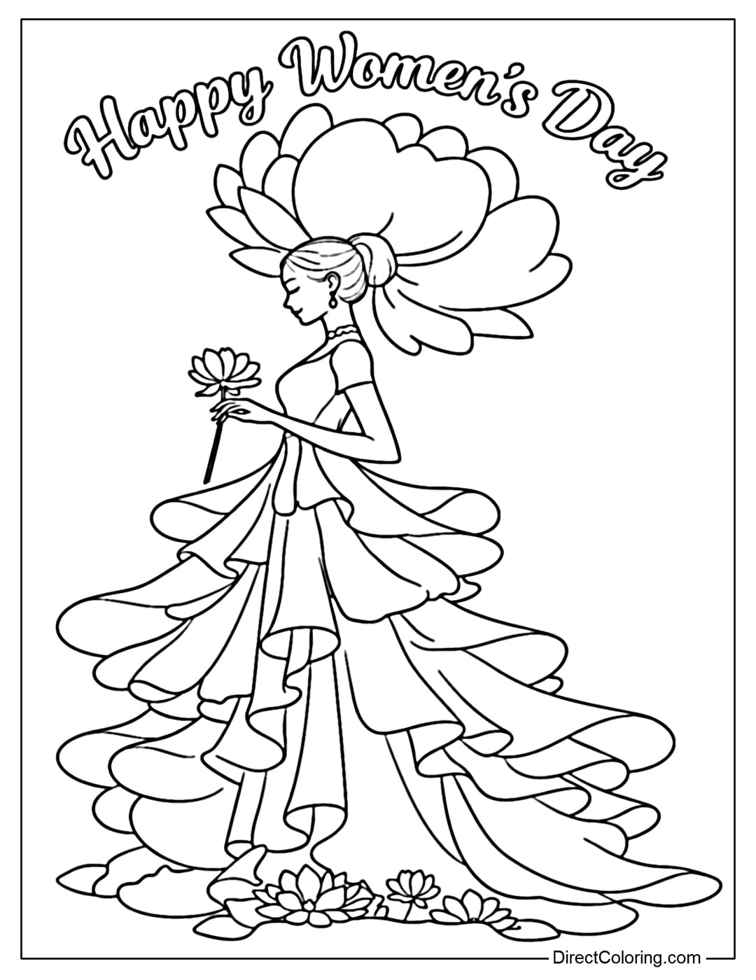 Coloring page for a woman holding a small flower, wearing a long, tiered dress like flower petals, with a large flower blooming on her head, and the words Happy Women's Day above.