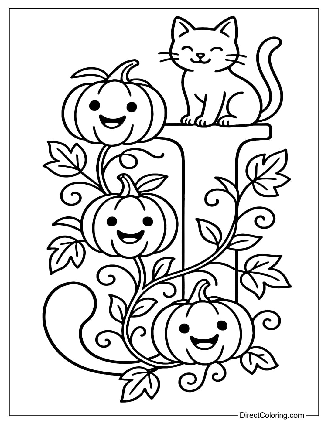 The letter J coloring page is full of small pumpkin vines, and on each stem is a happy smiling pumpkin, and a black cat sits on top, wagging its tail.