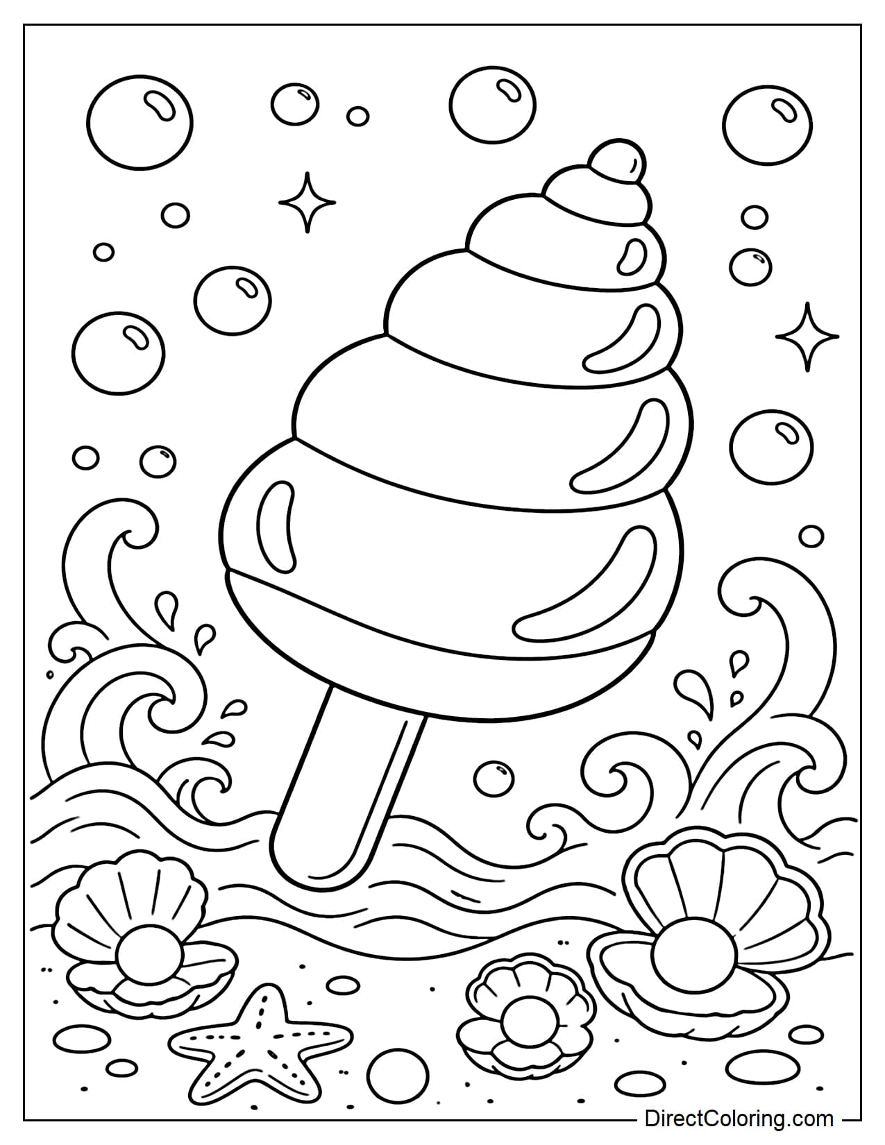 A large, twisted seashell-shaped popsicle with simple curves, surrounded by pearls, ocean waves, and water bubbles.