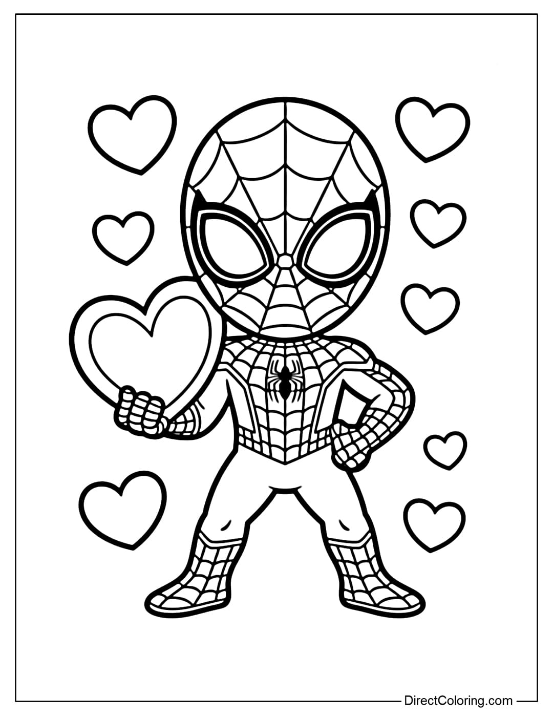 A Spiderman coloring page with one hand holding a big heart and the other hand on his hip, a cute superhero style.