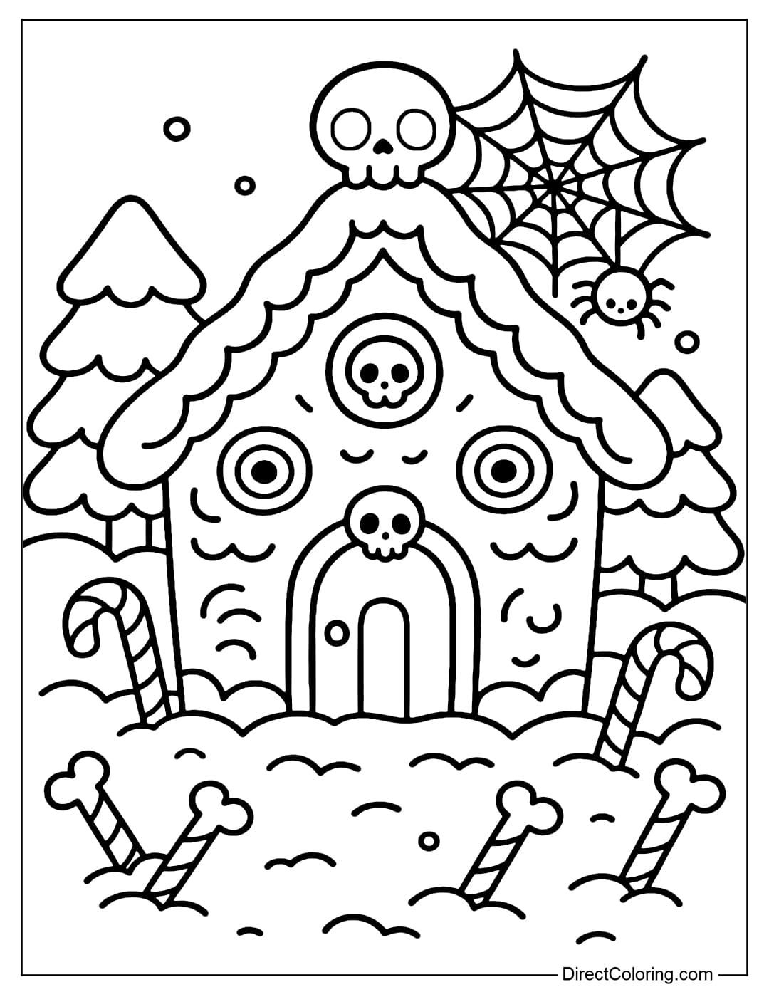 A gingerbread house coloring page decorated with small skulls, spider webs and eyeballs, a snowy scene and bone-shaped candy canes.