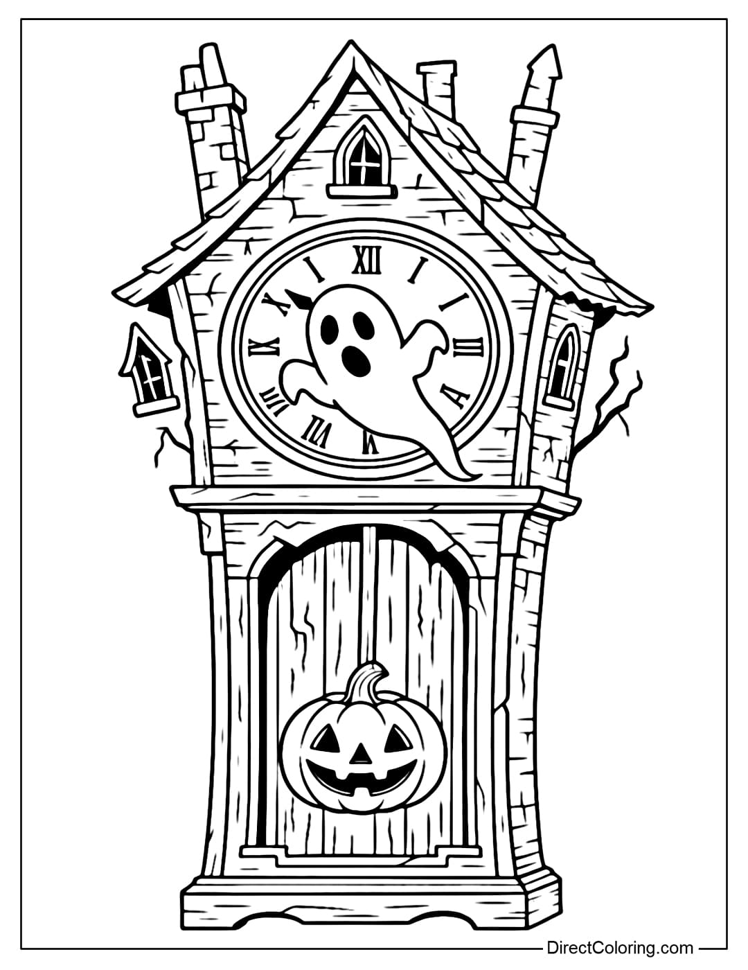 Ancient pendulum clock-shaped haunted house coloring page, inside there is a ghost emerging from the dial, the pendulum turns into a pumpkin.