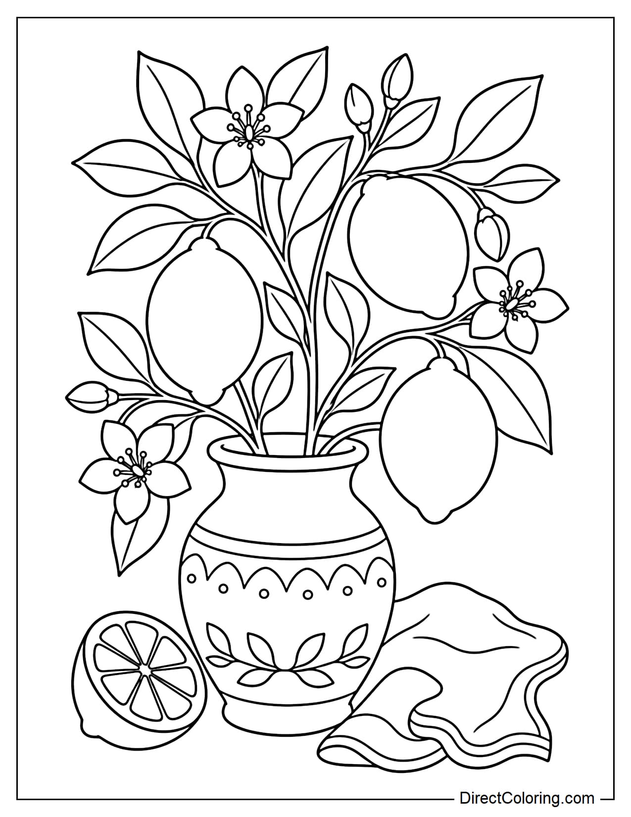 A lemon branch with three large lemons, some leaves and lemon blossoms in a simple ceramic vase, next to a half lemon and a folded napkin.