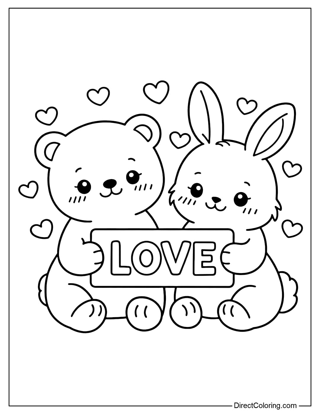 A coloring page with a bear and a bunny holding a sign that says LOVE.