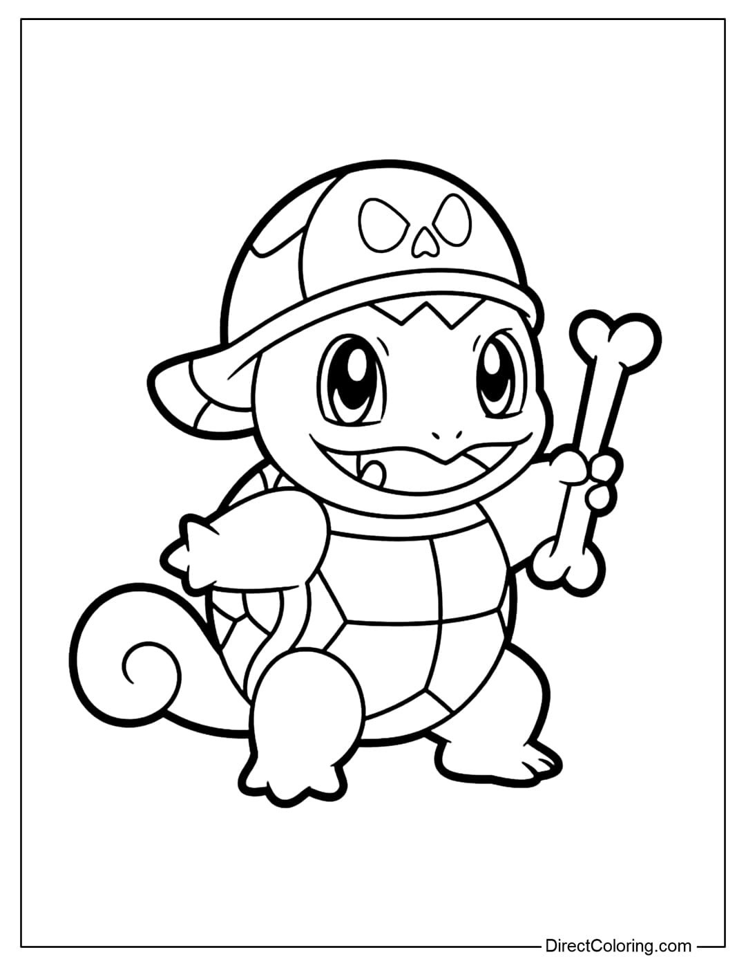 Squirtle coloring page wearing a skull hat and holding a Halloween bone stick.