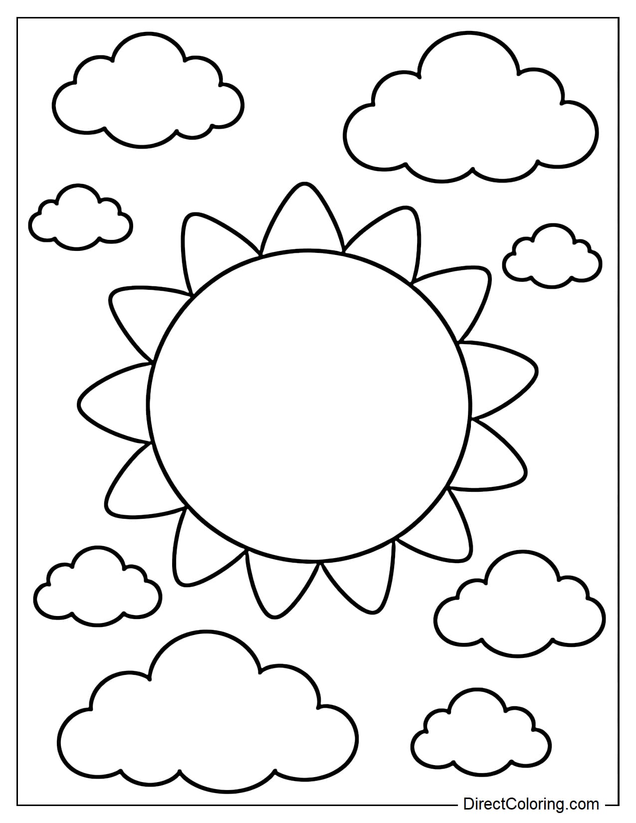 A large sun with soft, round clouds floating around it.