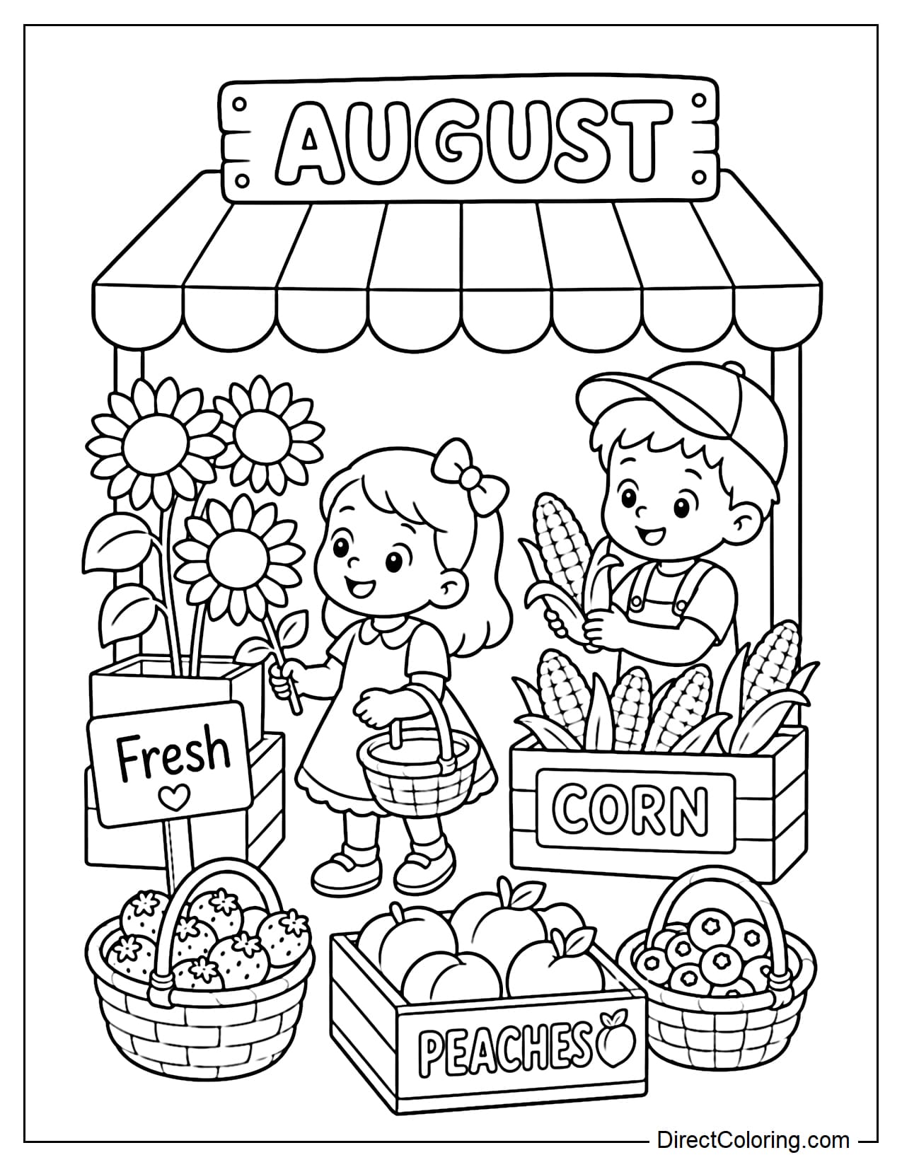 An outdoor farmers market in August, two little friends choosing sunflowers, corn, peaches, and baskets of berries at simple wooden stalls.