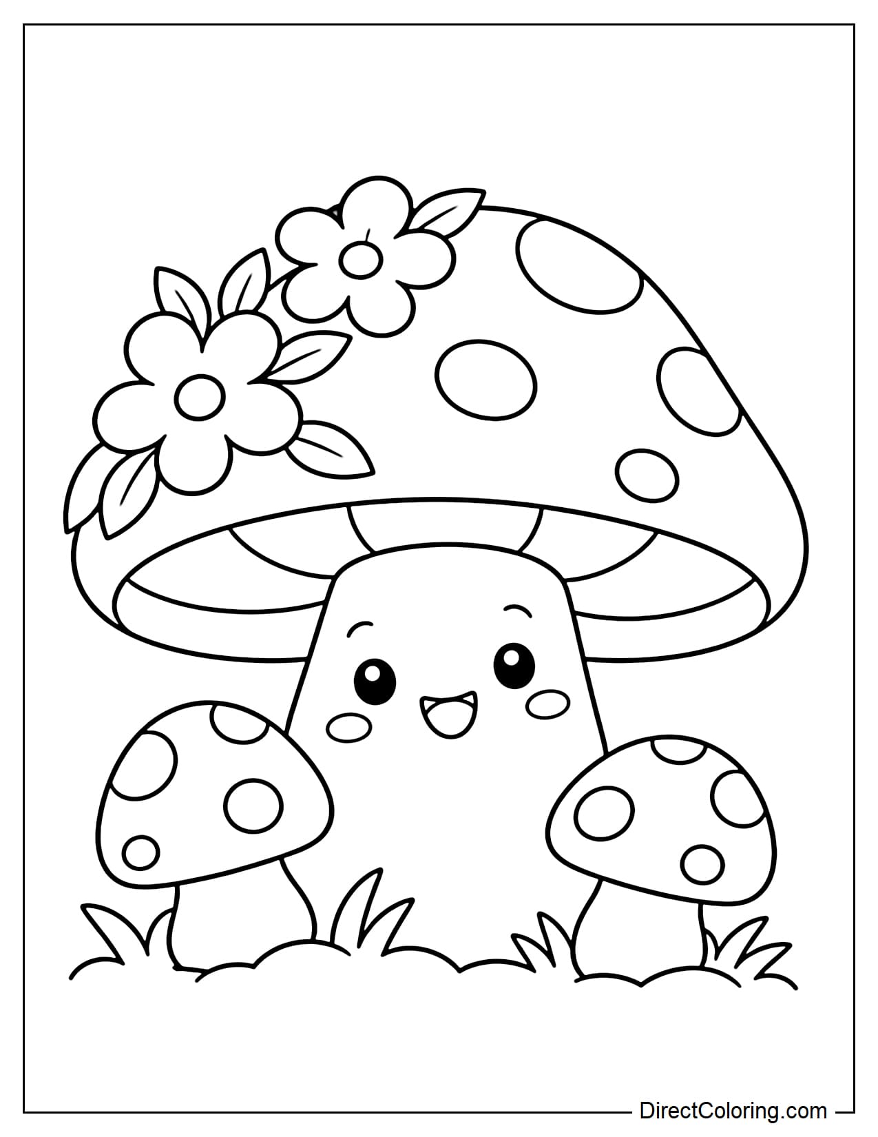 A large cute mushroom with a cheerful face, featuring two large flowers and a few leaves decorating one side of its cap. Two tiny mushrooms with spotted caps grow symmetrically on either side below.