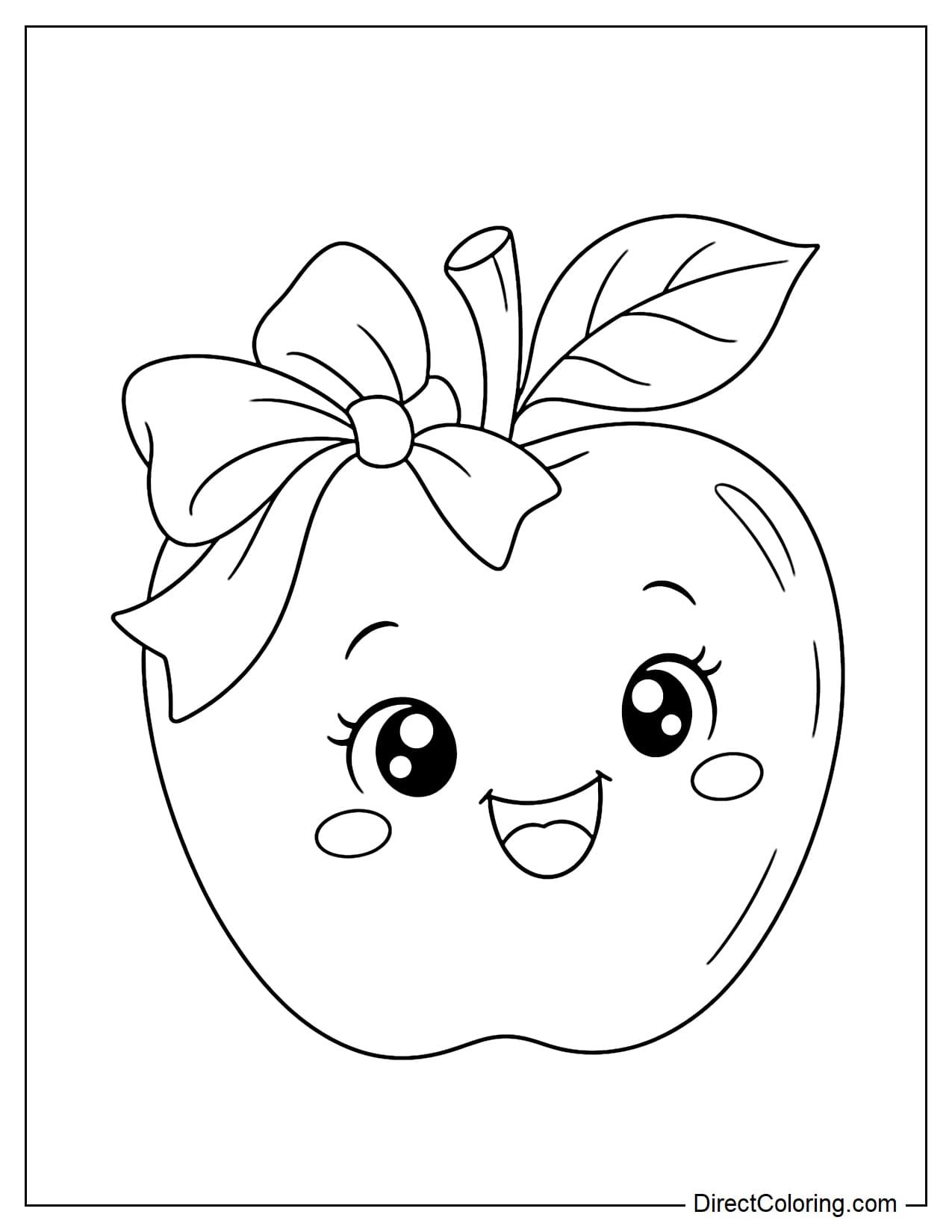 A large cute apple with a cheerful smiling face and a big bow tied to one side beside its stem and leaf.