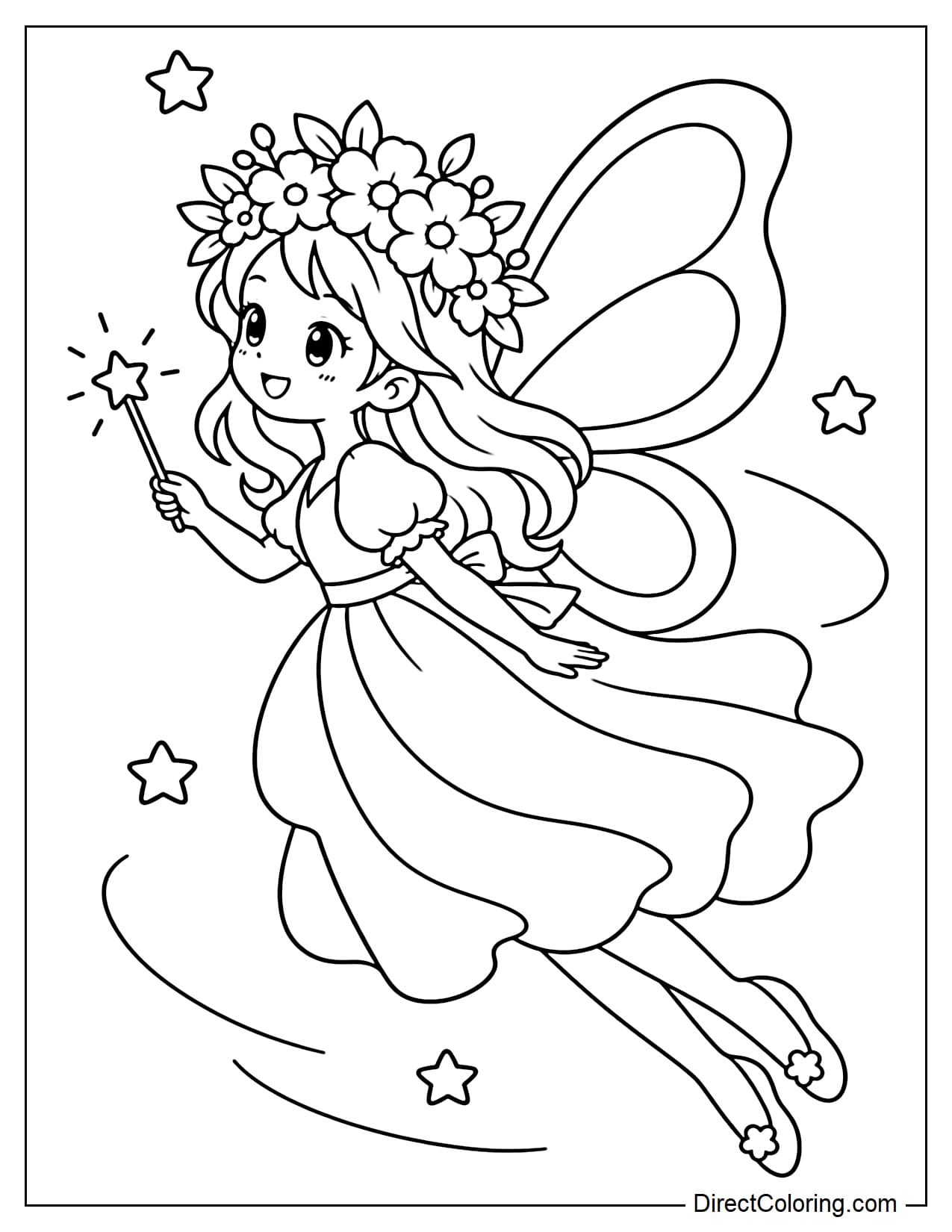 A fairy wearing a large flower crown is flying forward while holding a small magic wand in one hand.