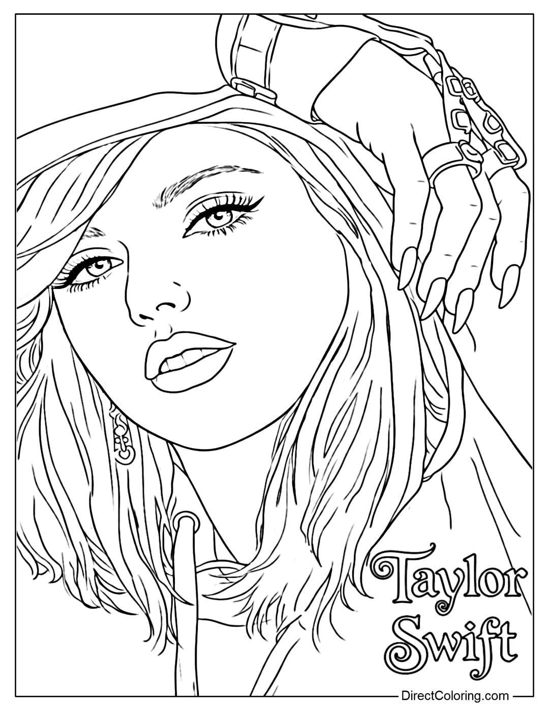 A coloring page of Taylor Swift with a sharp makeup style, vibrant nails, and a modern hoodie outfit.