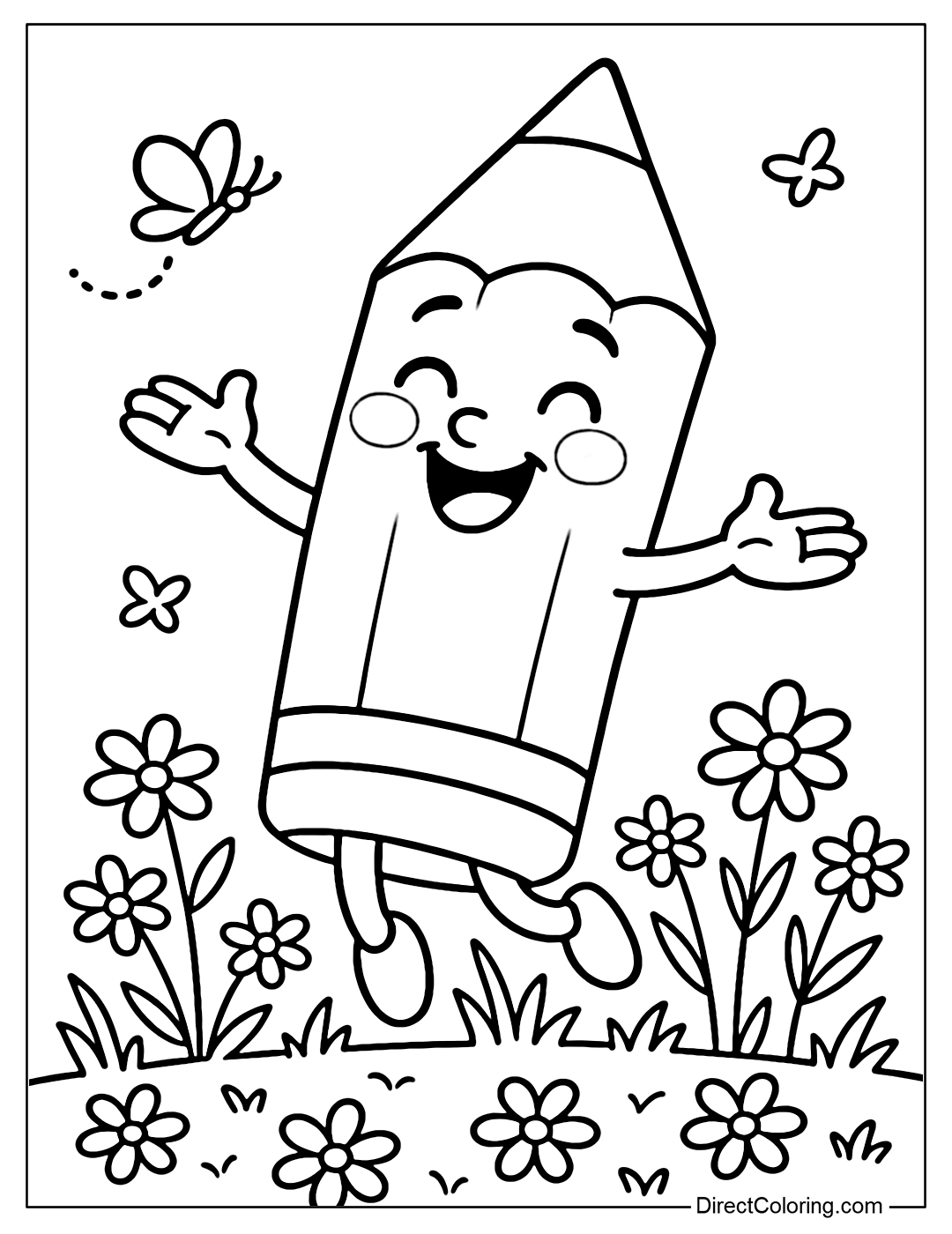 A coloring page of a smiling pencil with rosy cheeks and arms outstretched as if dancing, against a field of flowers with small butterflies flying around.