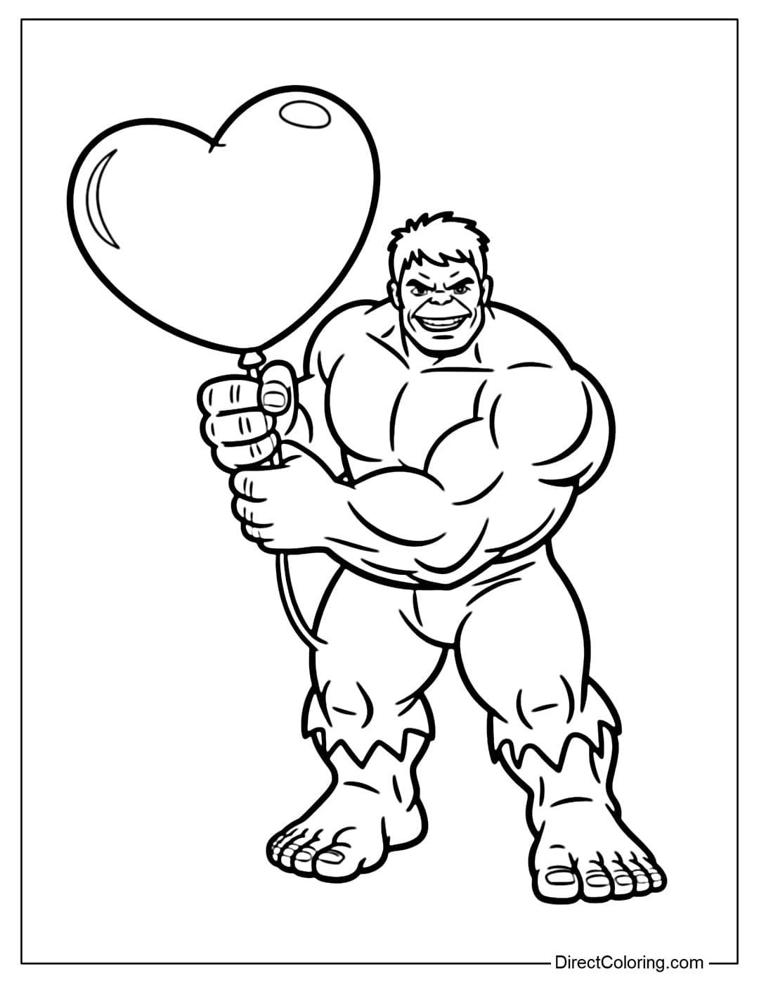 A coloring page of Hulk holding a large heart-shaped balloon, with a friendly and cheerful face.