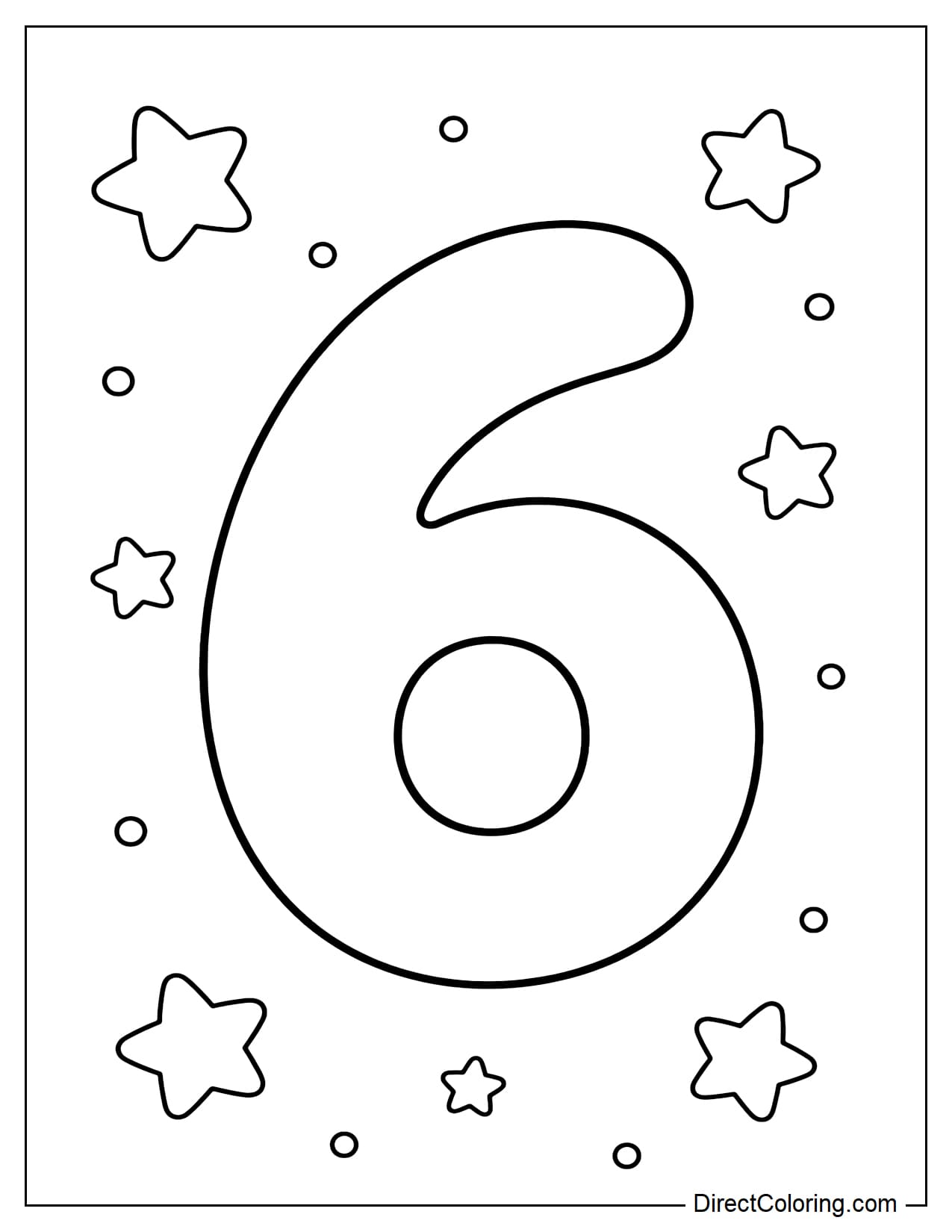 A large, simple number 6, surrounded by a few stars and small dots.