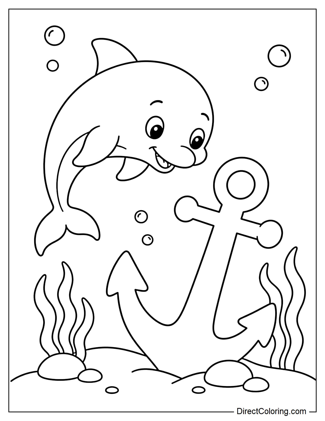 A curious dolphin swimming around a large anchor on the seabed, surrounded by bubbles and seaweed.