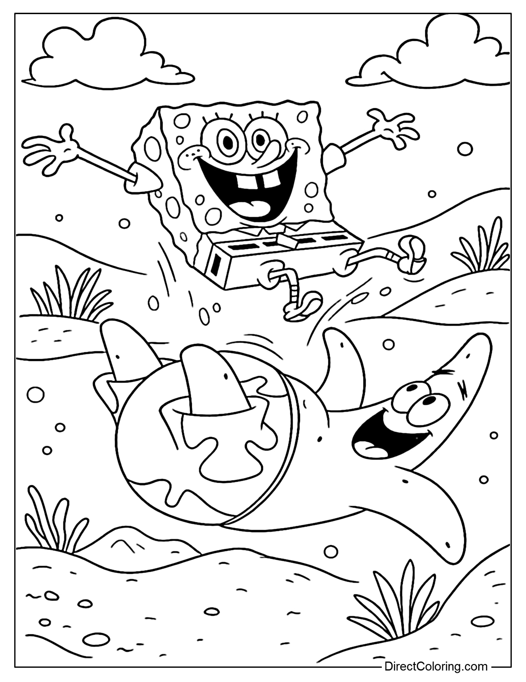 Coloring Page of SpongeBob is joyfully bouncing off Patrick's belly while Patrick lies on the ground laughing.