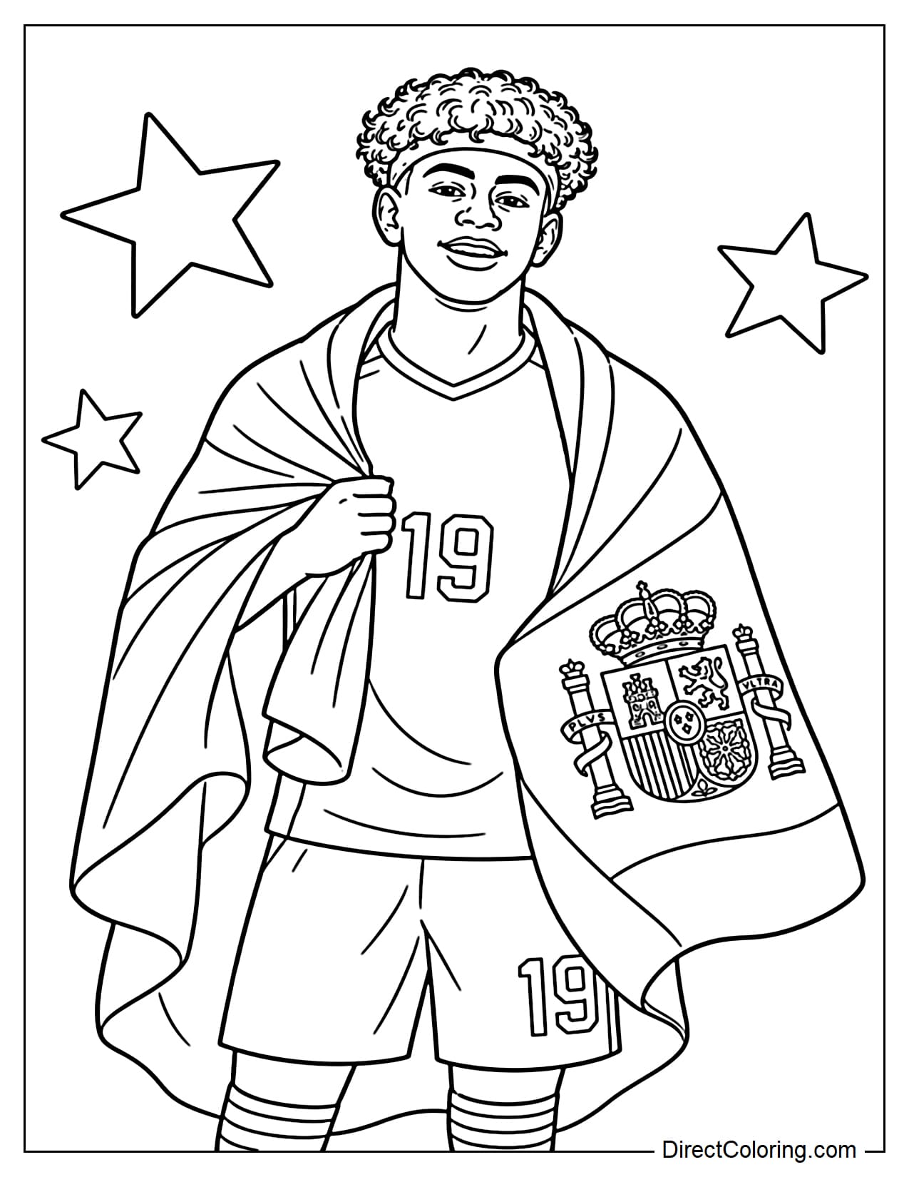 Lamine Yamal drapes the Spanish flag over his shoulders like a cape, standing with a confident smile, surrounded by several decorative stars.