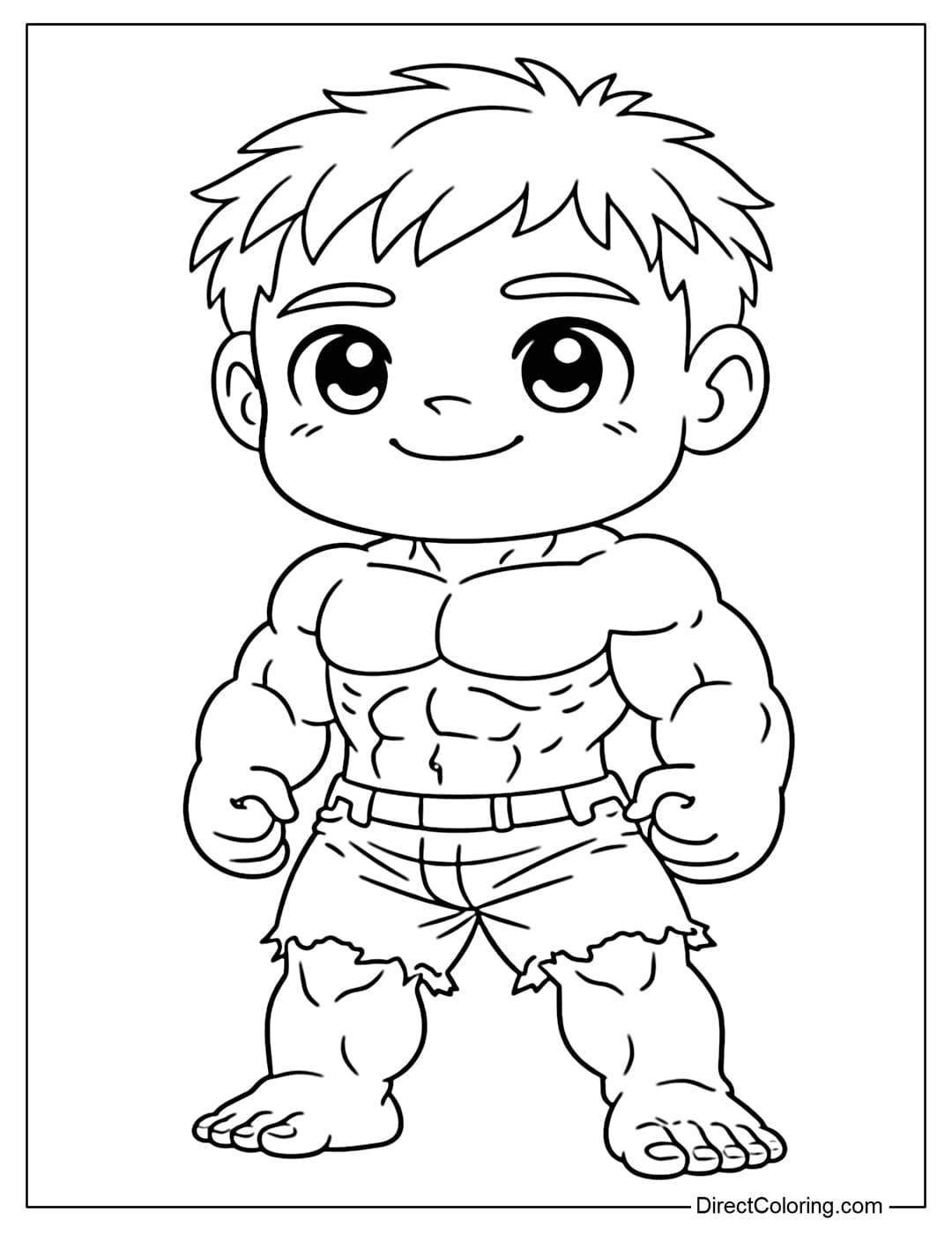 A coloring page of a chibi Hulk with a big head and small body, cute expressions, and simple muscles, suitable for young children to color.