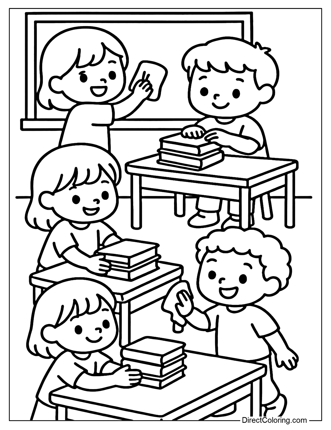A coloring page of kids wiping the board, stacking books, cleaning the classroom together with a positive attitude.