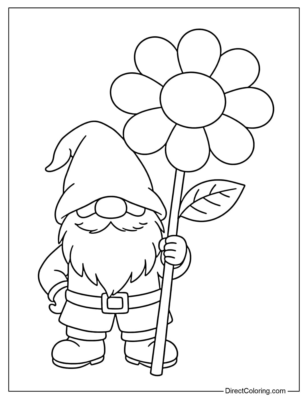 Coloring page of a gnome holding a large flower with simple, round petals.