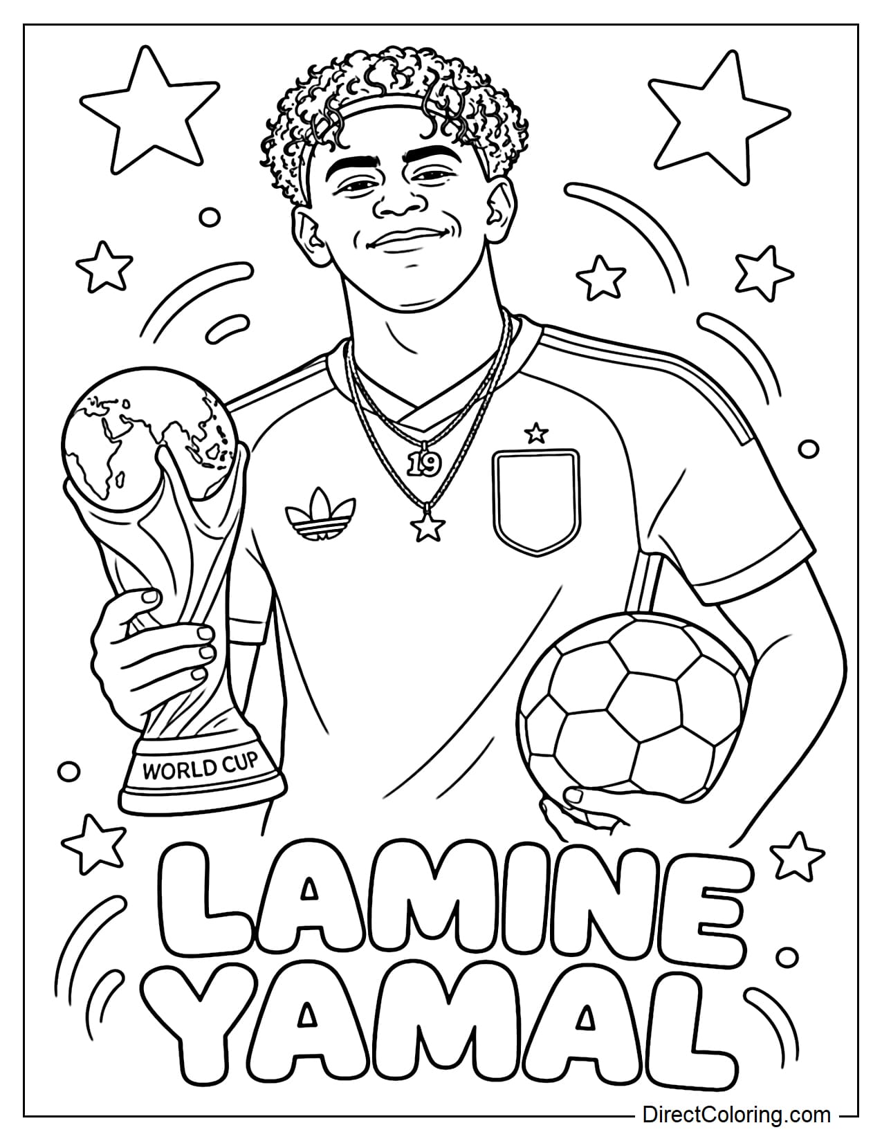 Lamine Yamal is pictured from the front, from the upper half of his body, with his signature curly hair. One hand holds a soccer ball at hip level, while the other holds the World Cup trophy. Below is the word 