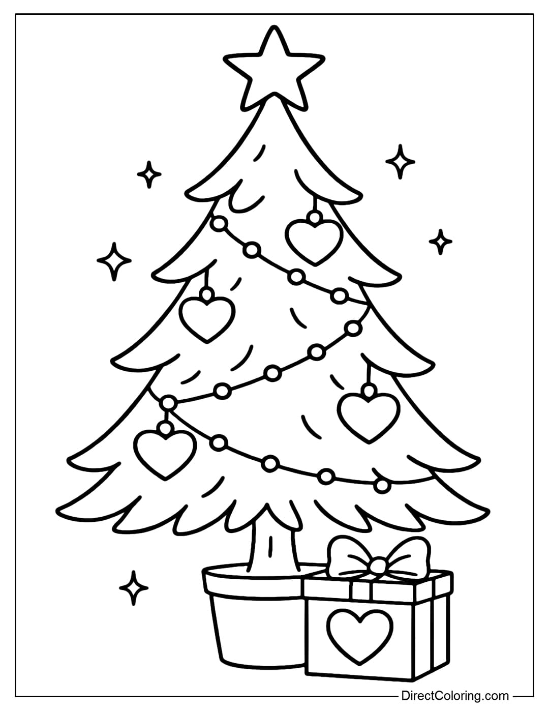 Coloring page of a pine tree with heart-shaped balls, below is a love gift box.