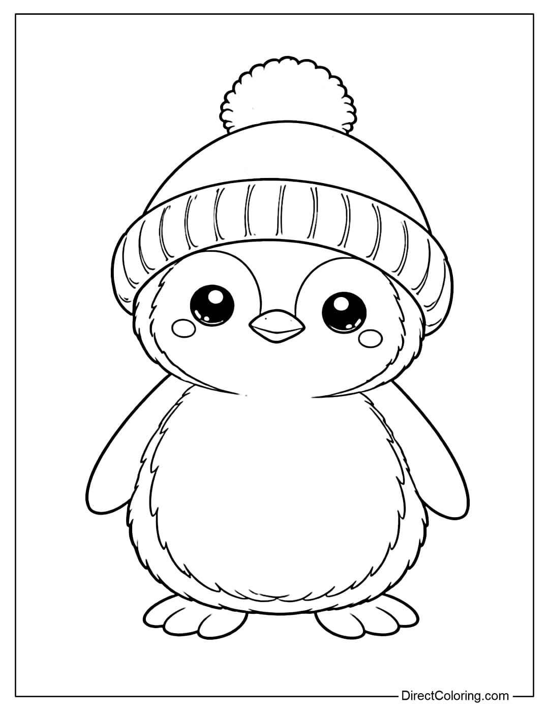 A cute coloring page of a penguin wearing a winter hat, with round eyes and a chubby body.