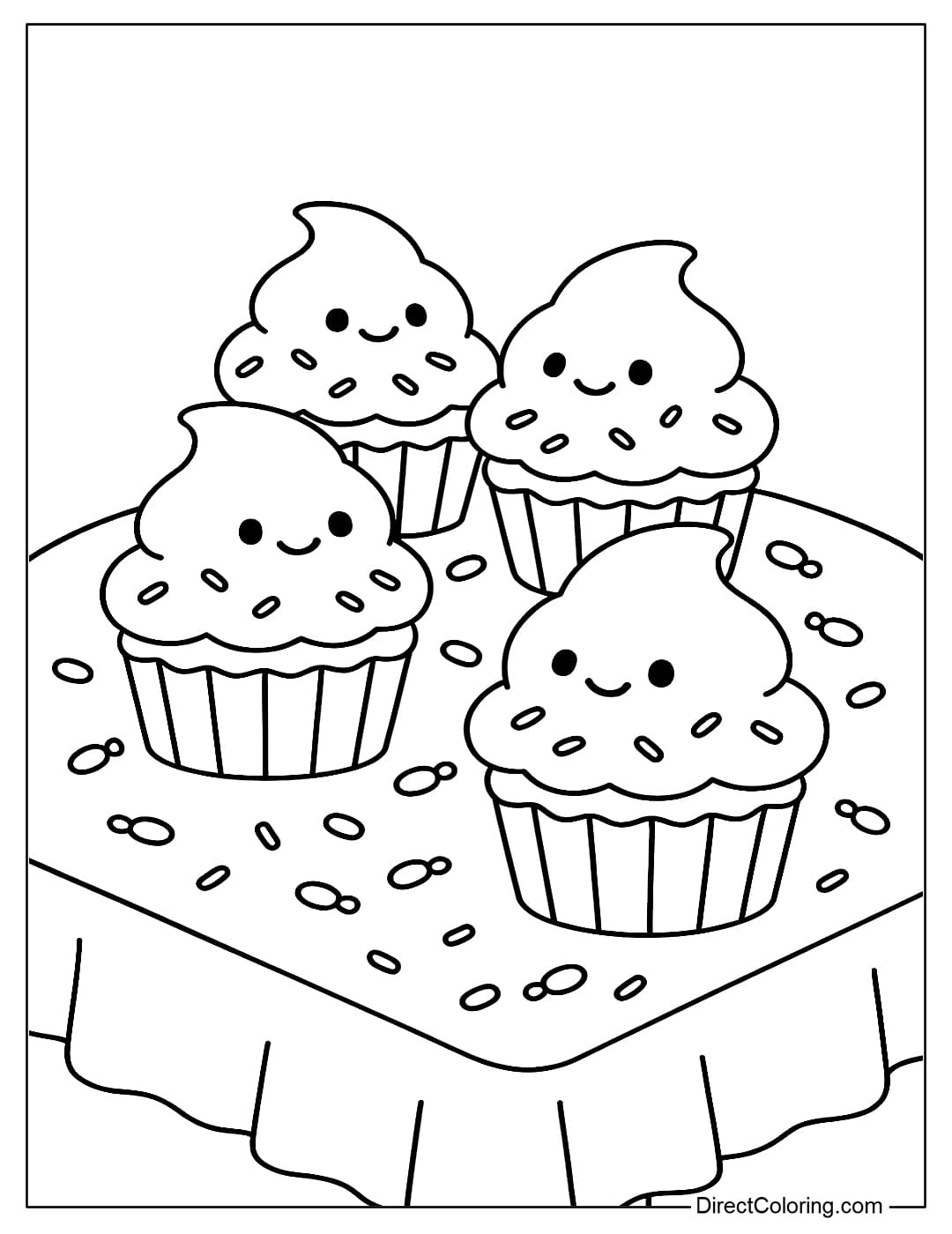 A coloring page of a party of cupcake ghosts, each cake has a smiley face, sprinkles.