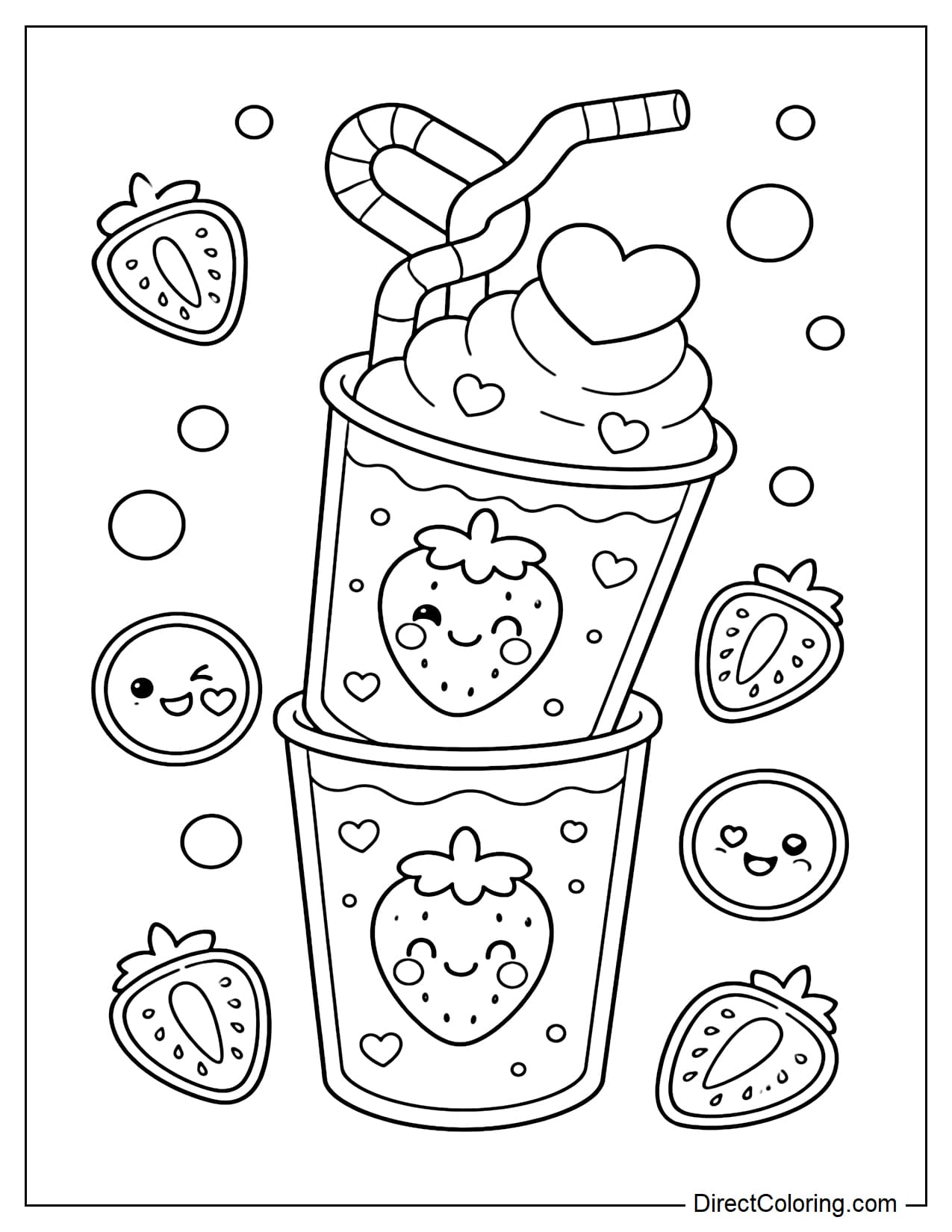 Two cute stacked strawberry smoothie cups with heart-shaped soft cream and twisted curved straws. Surrounded by strawberry slices, round bubbles, and smiley face stickers.