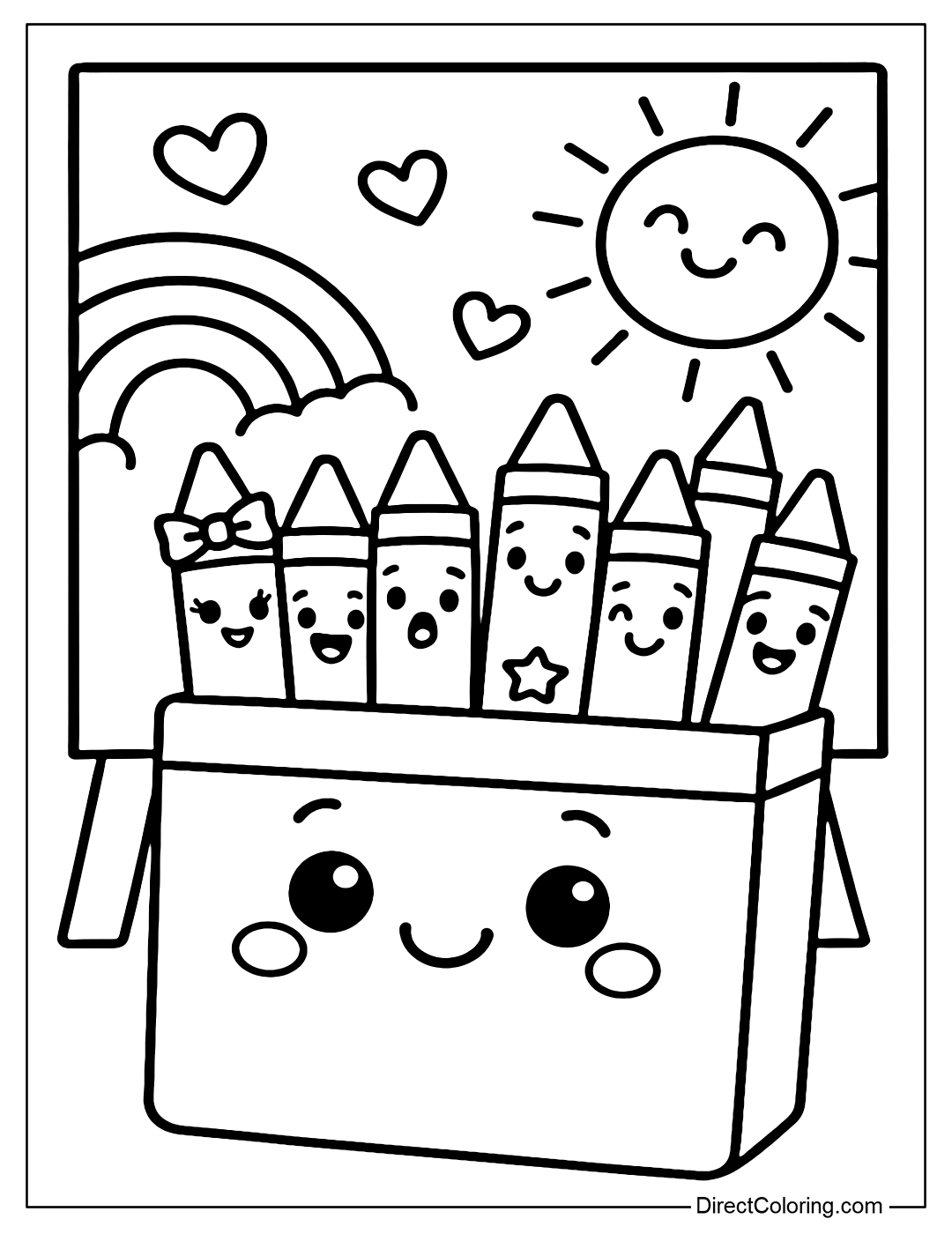 A coloring page of a crayon box with a smiling face, each pencil sticking out like a little kid, with a drawing board with hearts, suns, and rainbows in the background.