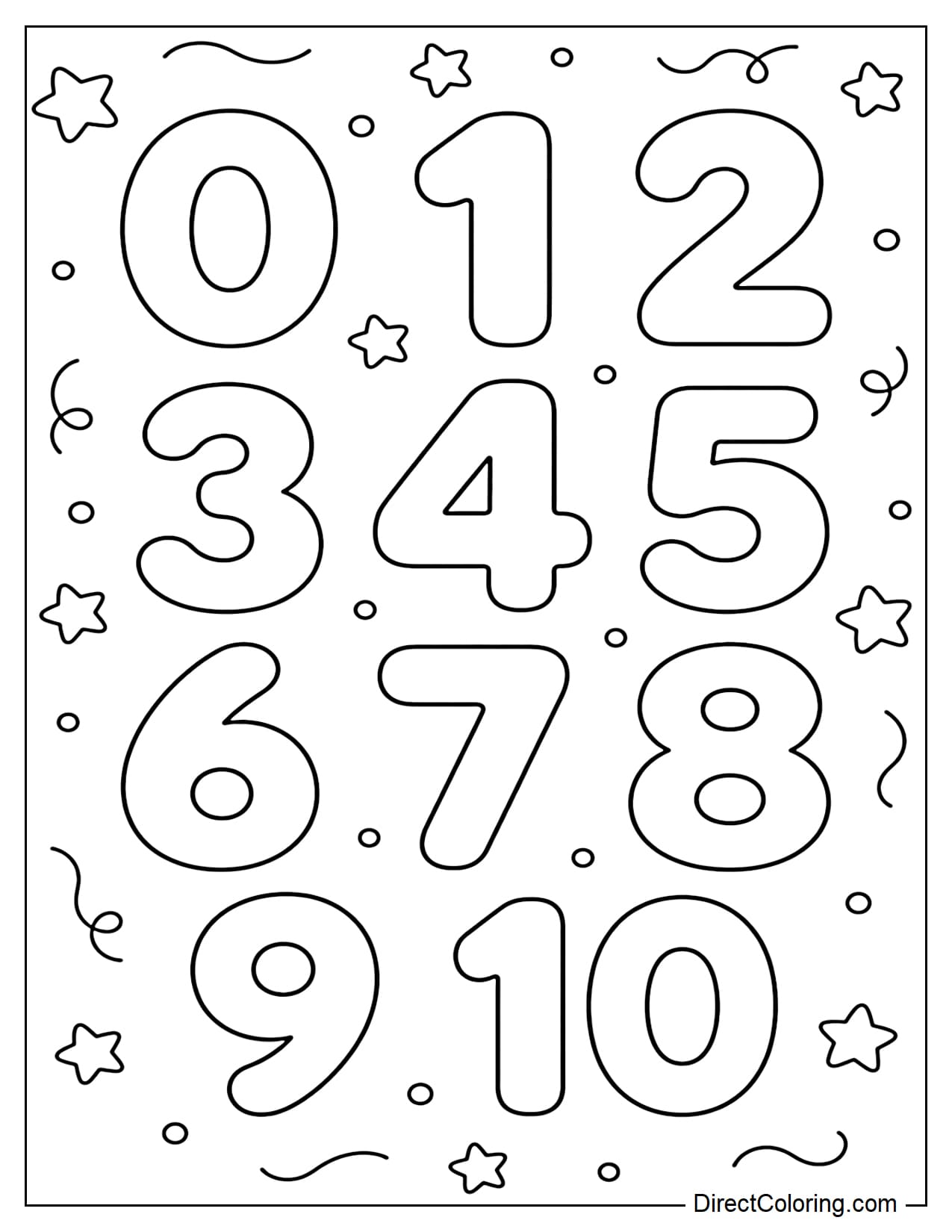 All numbers from 0 to 10 are large and simple, surrounded by a few stars, dots, and soft curves.