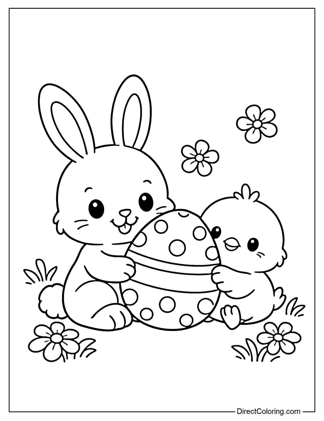 A cute Easter bunny coloring page sitting next to a small chick, both holding a large Easter egg.