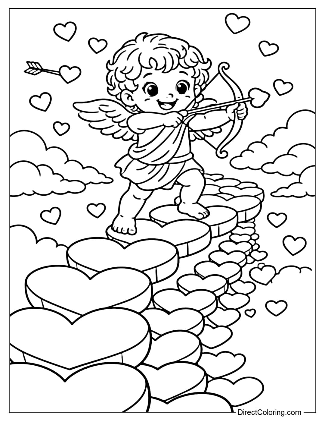 A coloring page of Cupid drawing his bow and shooting heart-shaped arrows, standing on a small path made of hearts, with hearts arranged in a line below.