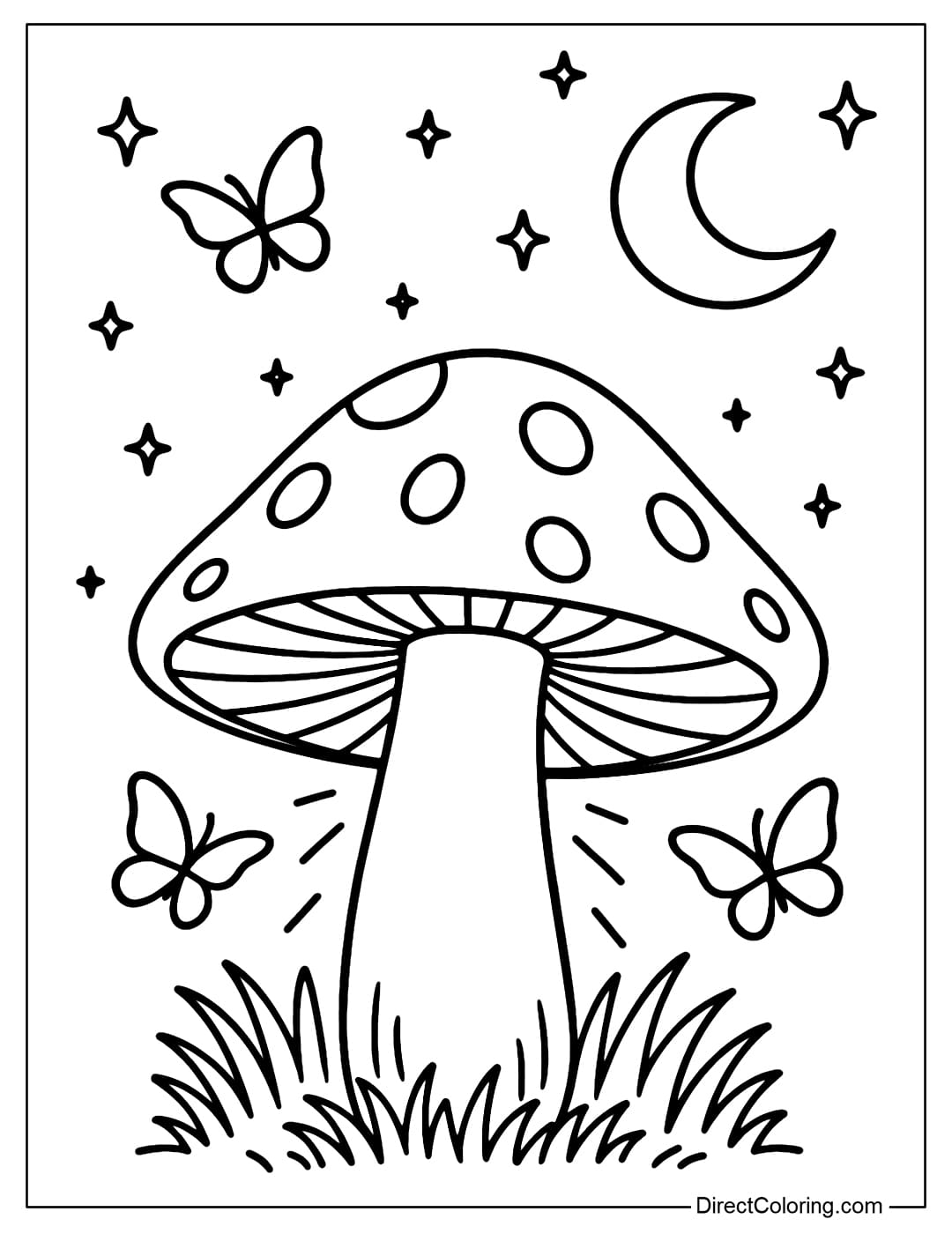 Butterfly Night Mushroom Coloring Page A mushroom coloring page that glows in the night, with butterflies flying around, a starry sky and a magical crescent moon.