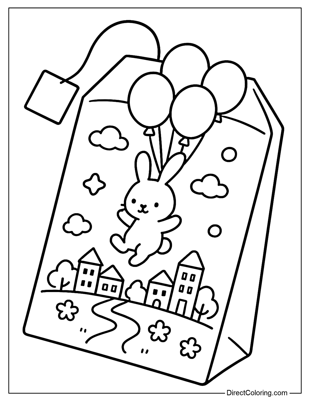 A tea bag coloring page featuring a flying rabbit with a bunch of pastel balloons, with a small city underneath.