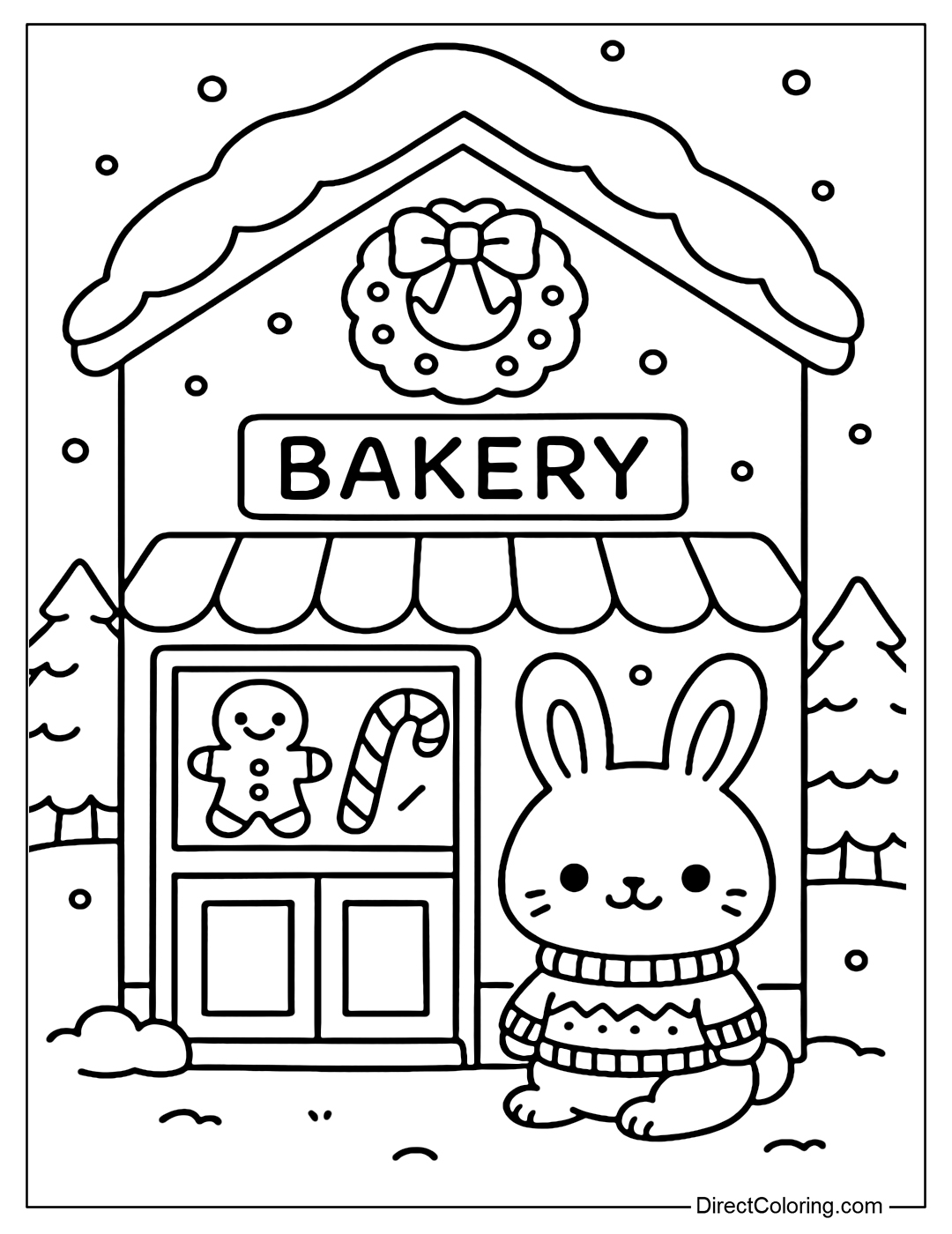 A Christmas bakery coloring page front view, a snow-covered canopy, a laurel wreath; a rabbit wearing a sweater; inside is ginger cookies, candy cane cookies.