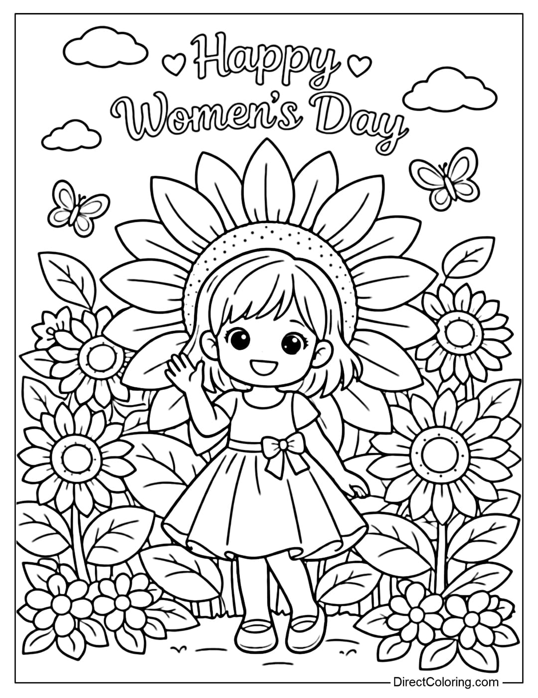 A coloring page with a little girl in a flared dress standing in a sunflower garden, with a large flower behind her and the words 