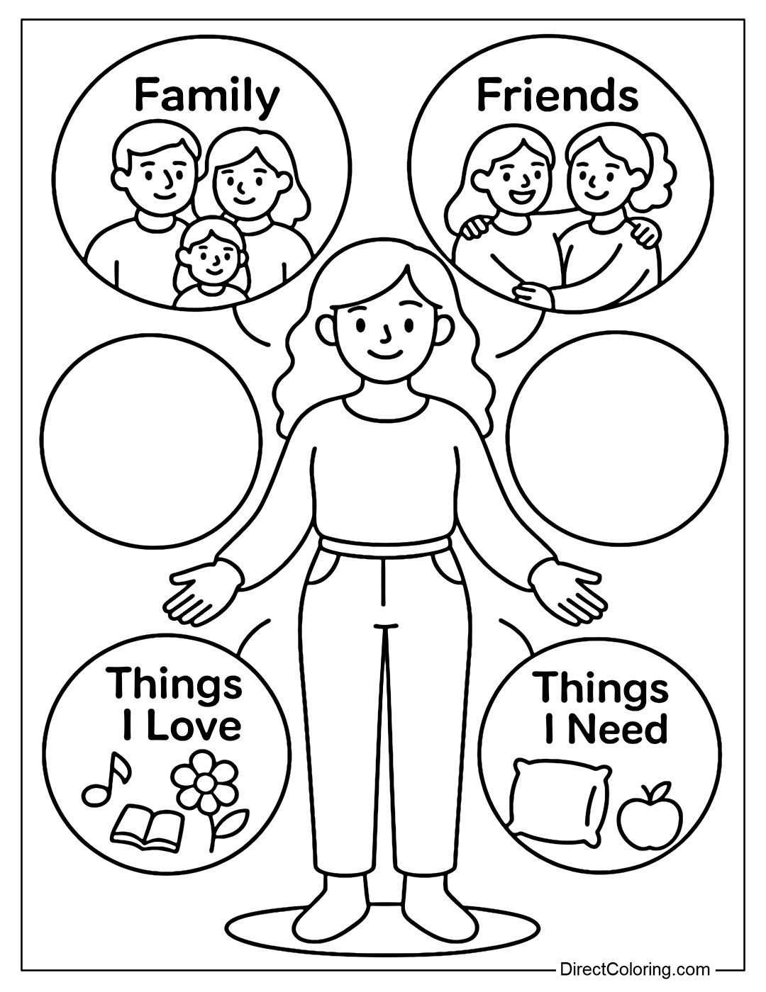 A coloring page of a girl standing in the center, surrounded by bubbles or small frames named 