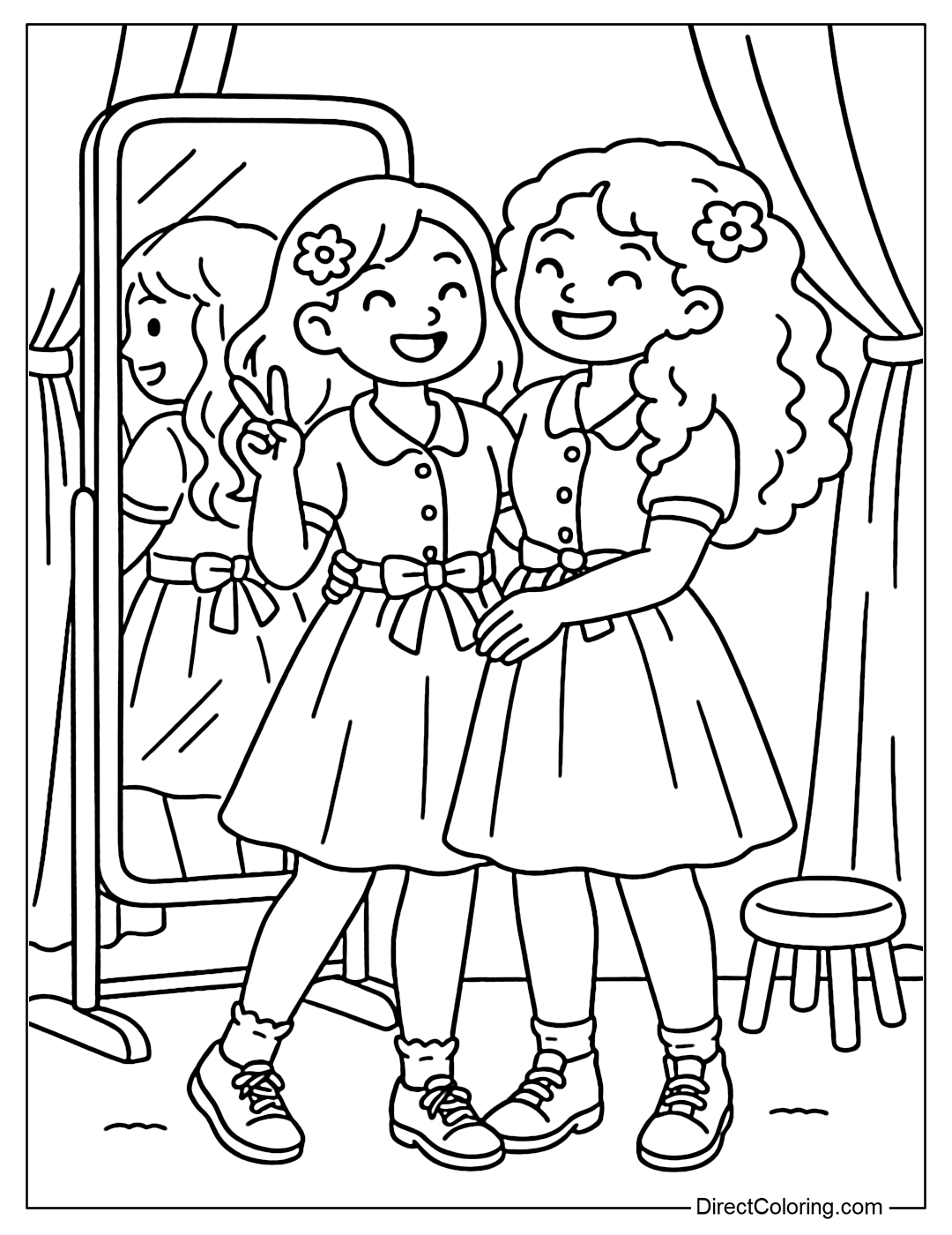 Coloring page of two girls wearing matching outfits, looking at each other in the mirror and smiling brightly in the dressing room.