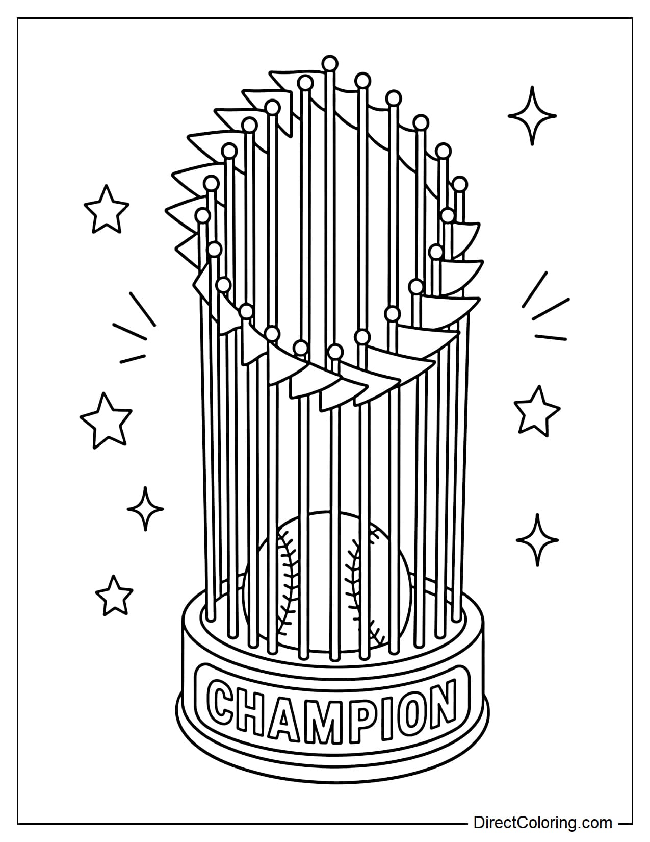 A tall baseball championship trophy with many long pillars and small flags rising up surrounding a large baseball in the center. The base of the trophy has the simple word 